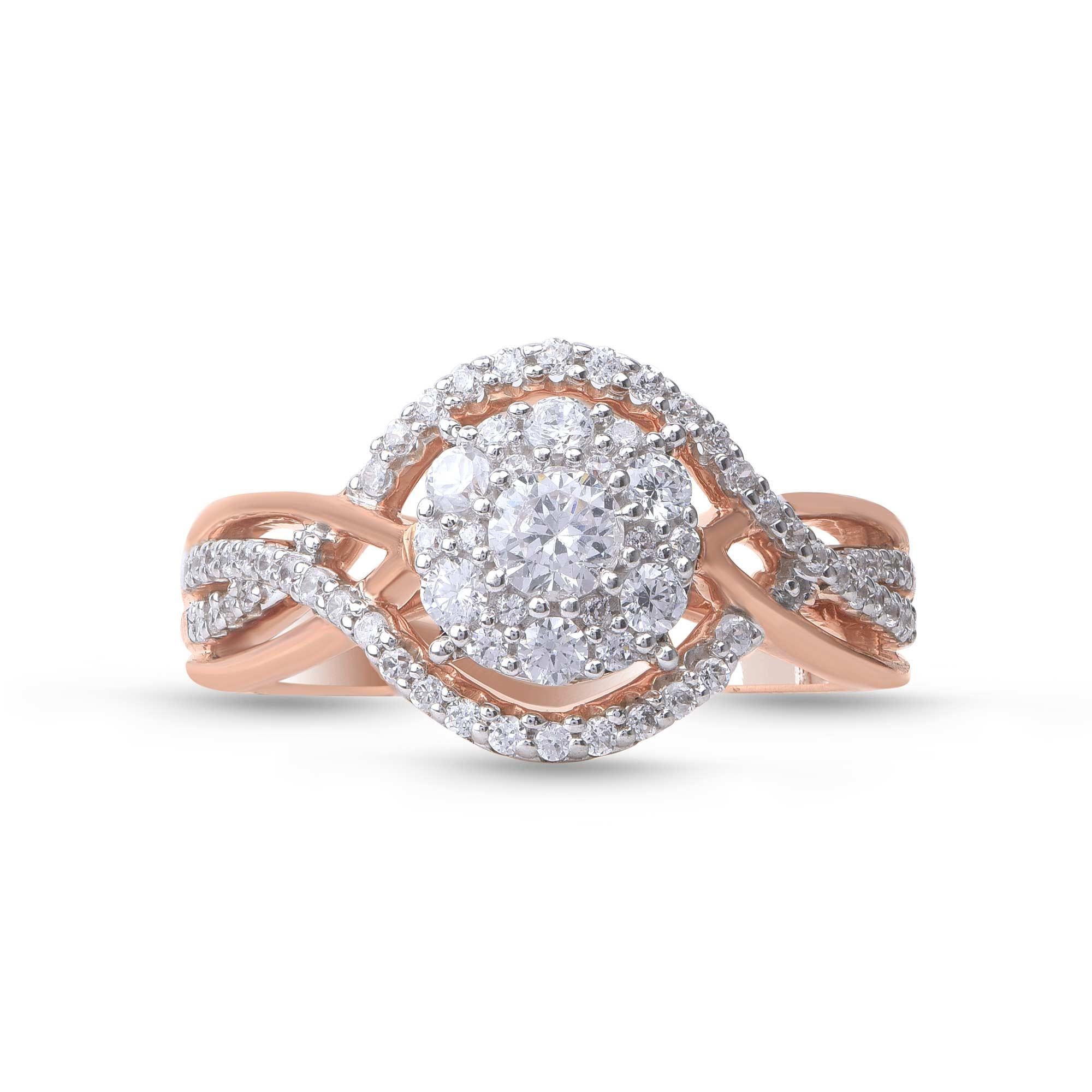 Modern TJD 0.75 Carat Diamond 18 Karat Rose Gold Vintage Crossover Engagement Ring For Sale