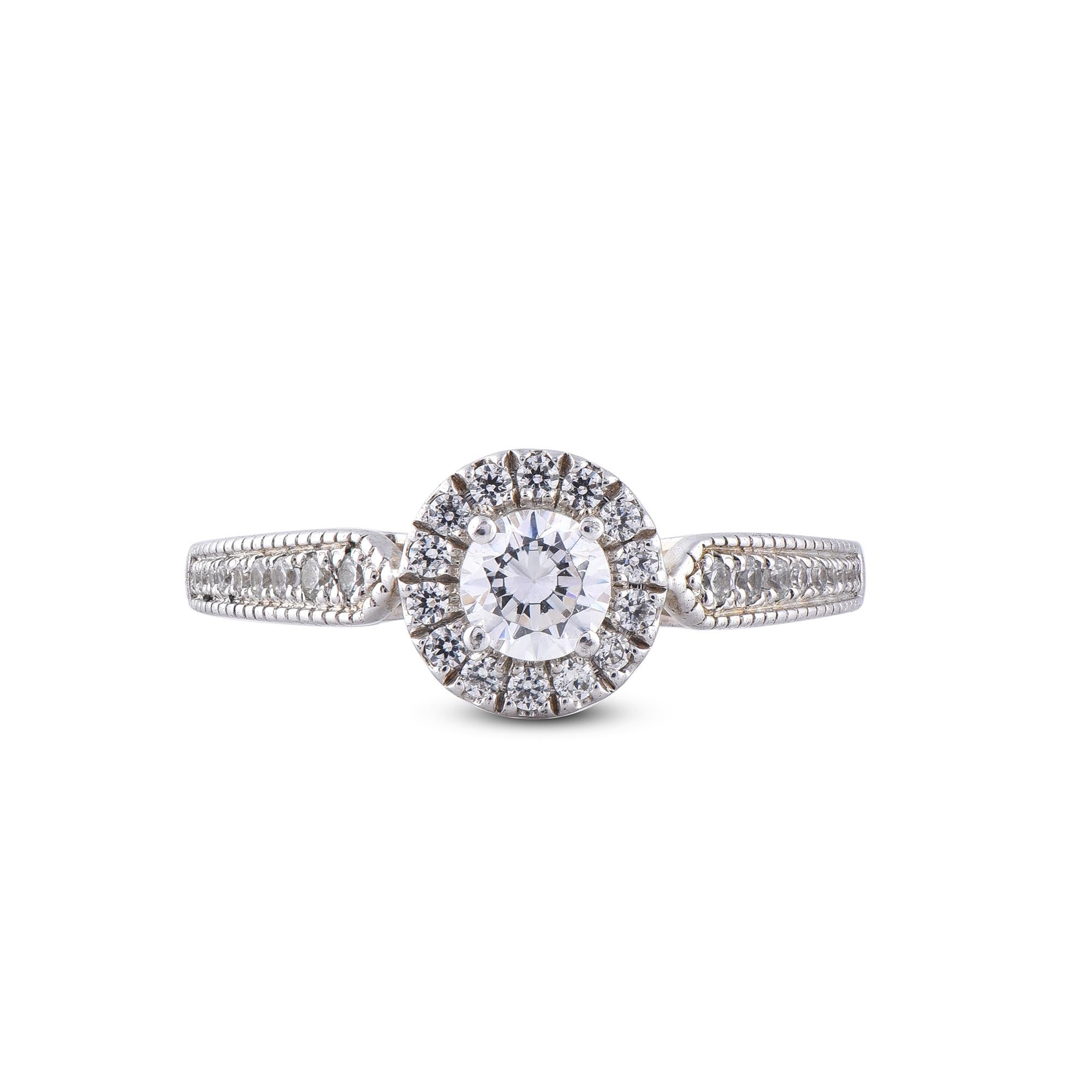 Round Cut TJD 0.75 Carat Diamond 18 Karat White Gold Halo Engagement Ring For Sale