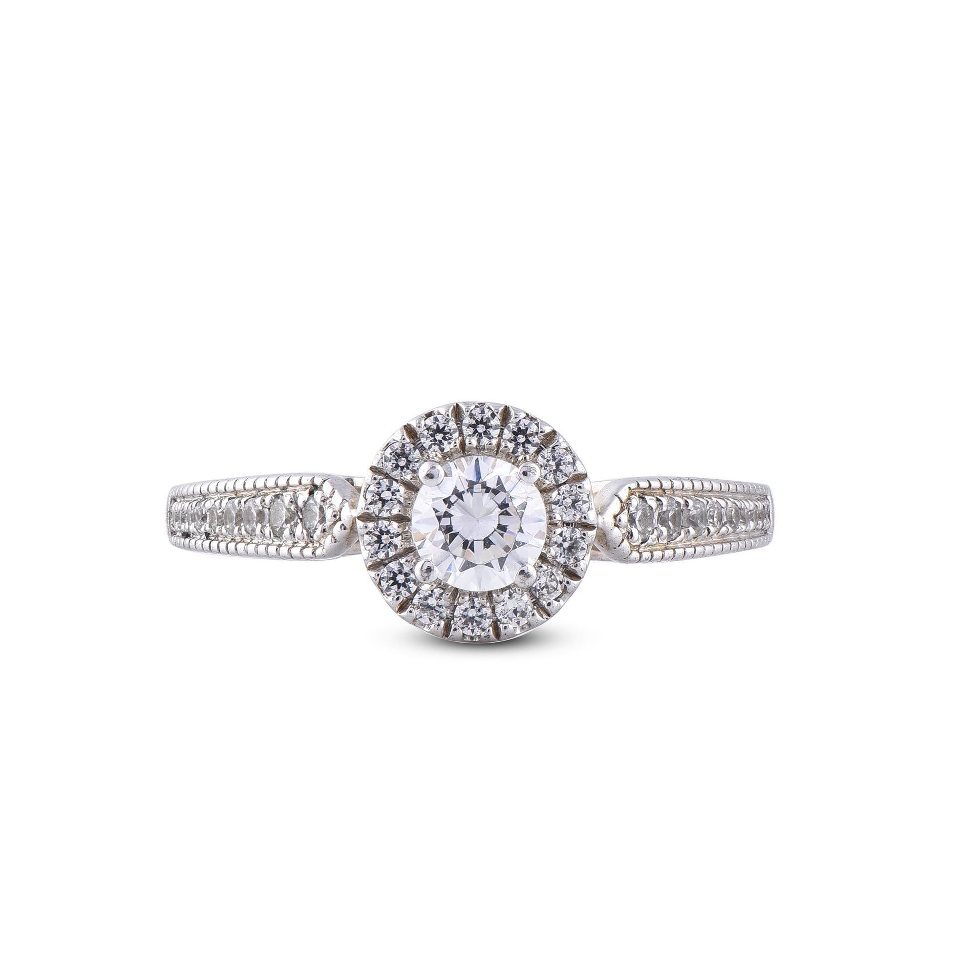 Art Deco TJD 0.75 Carat Diamond 18 Karat White Gold Halo Engagement Ring For Sale