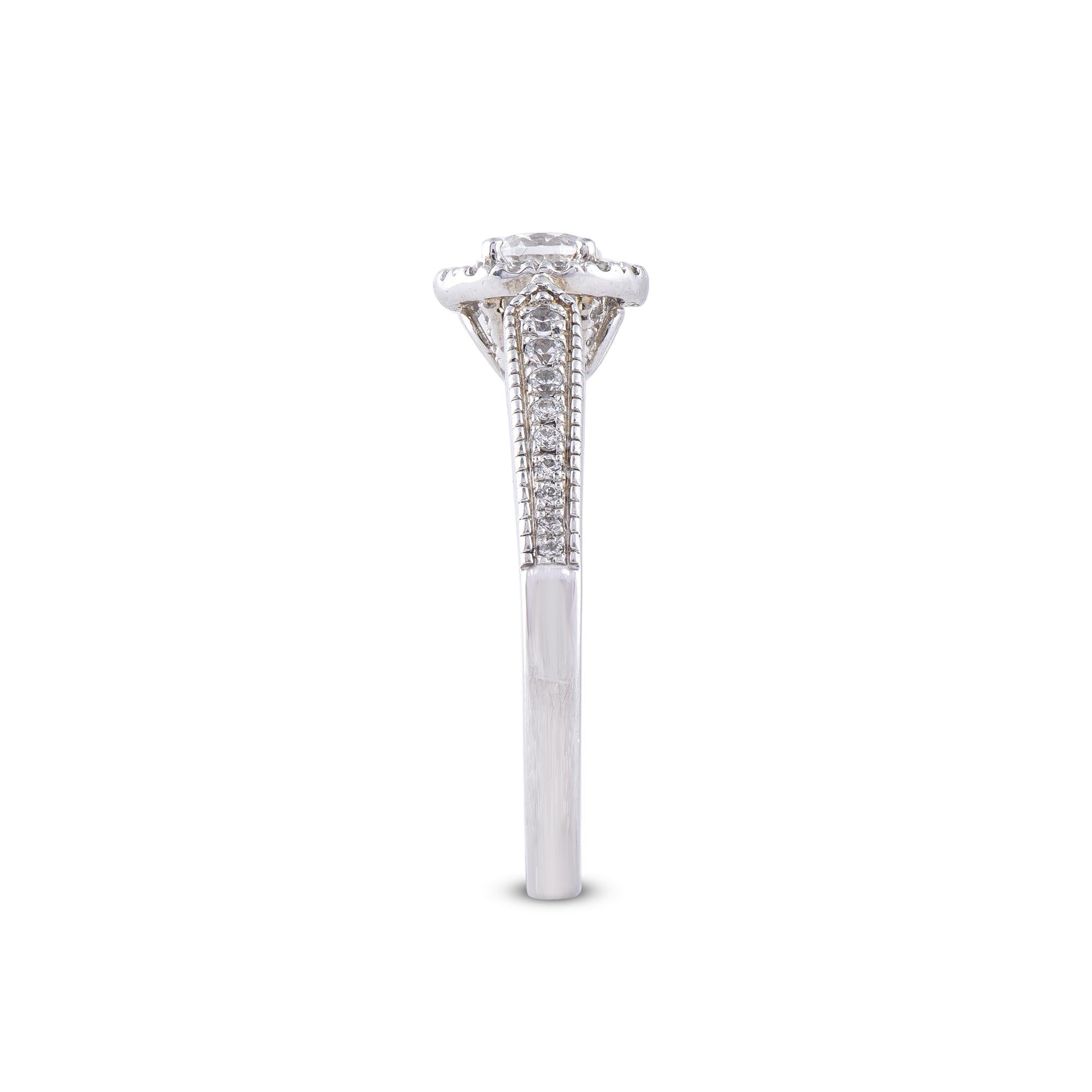 Round Cut TJD 0.75 Carat Diamond 18 Karat White Gold Halo Engagement Ring For Sale