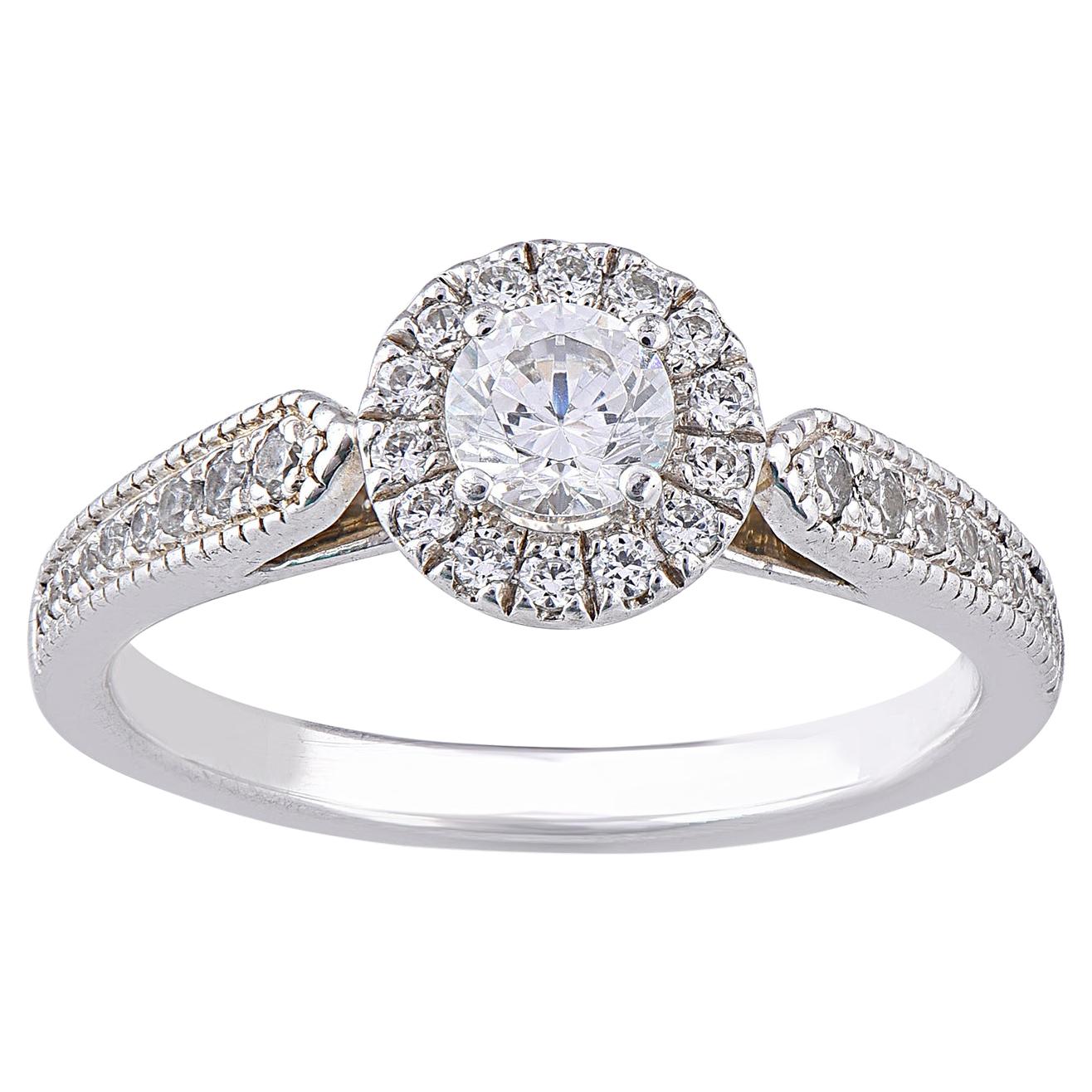 TJD 0.75 Carat Diamond 18 Karat White Gold Halo Engagement Ring For Sale