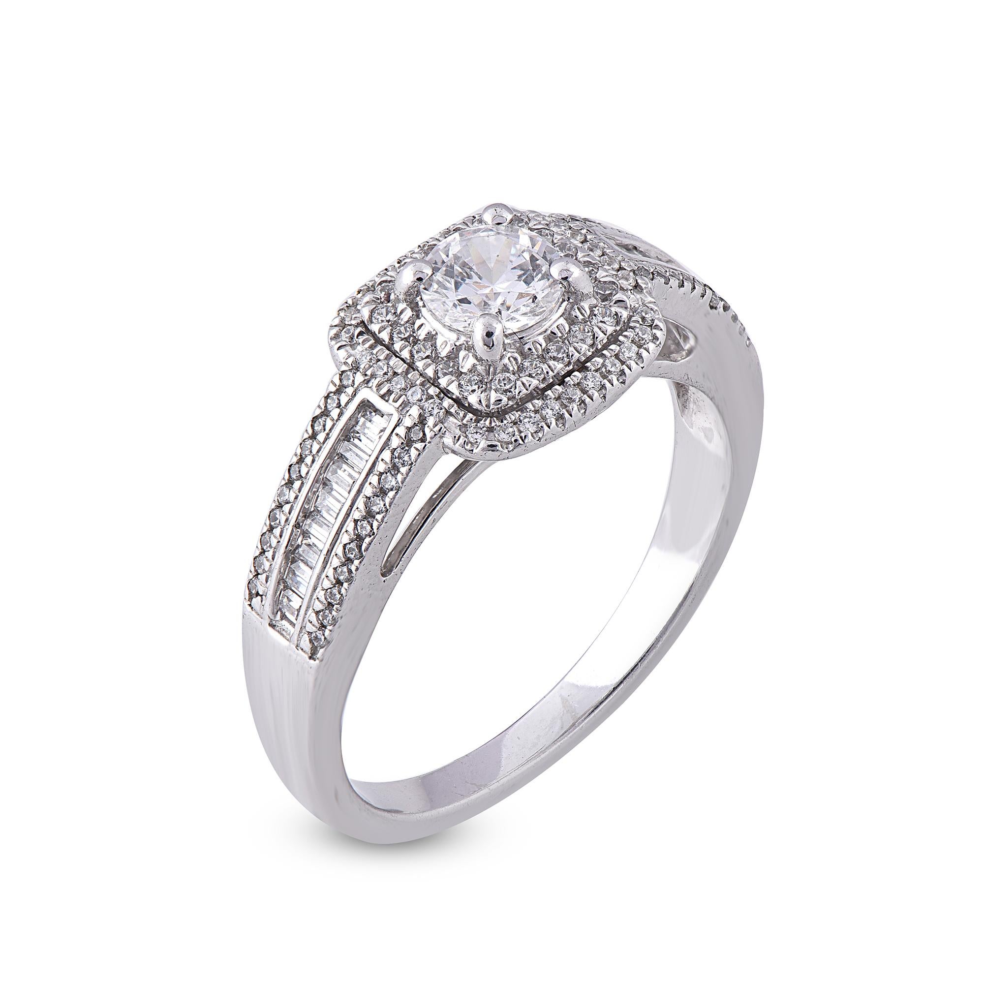 Graceful and shimmerind diamond engagement ring is studded with 91 round and 18 Baguette diamonds beautifully set in prong and channel setting. Fashioned in 18 Karat White Gold and 0.75ct total diamond weight and G-H color & SI1-2 clarity.
