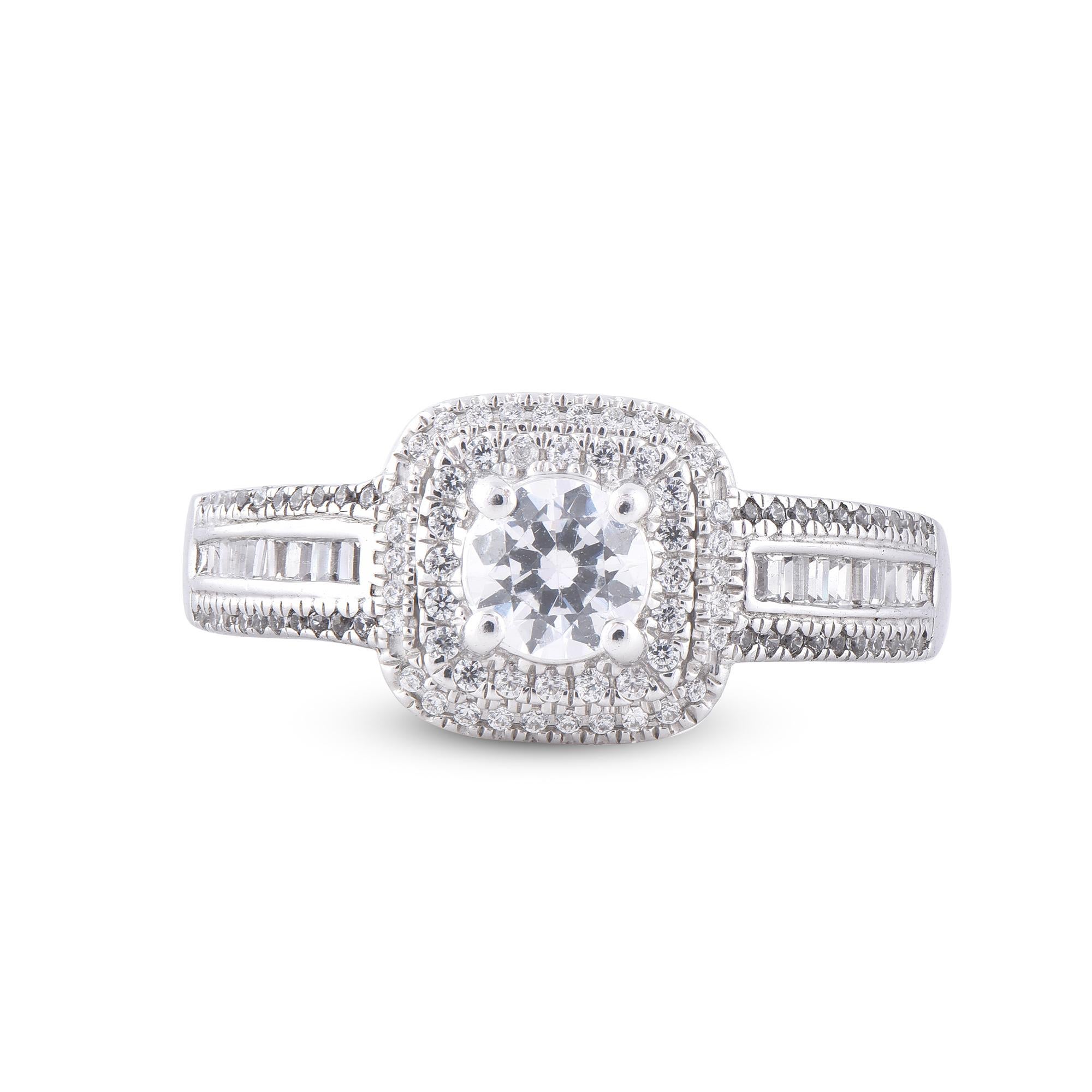 Baguette Cut TJD 0.75 Carat Diamond 18 Karat White Gold Sqare Double Frame Engagement Ring For Sale