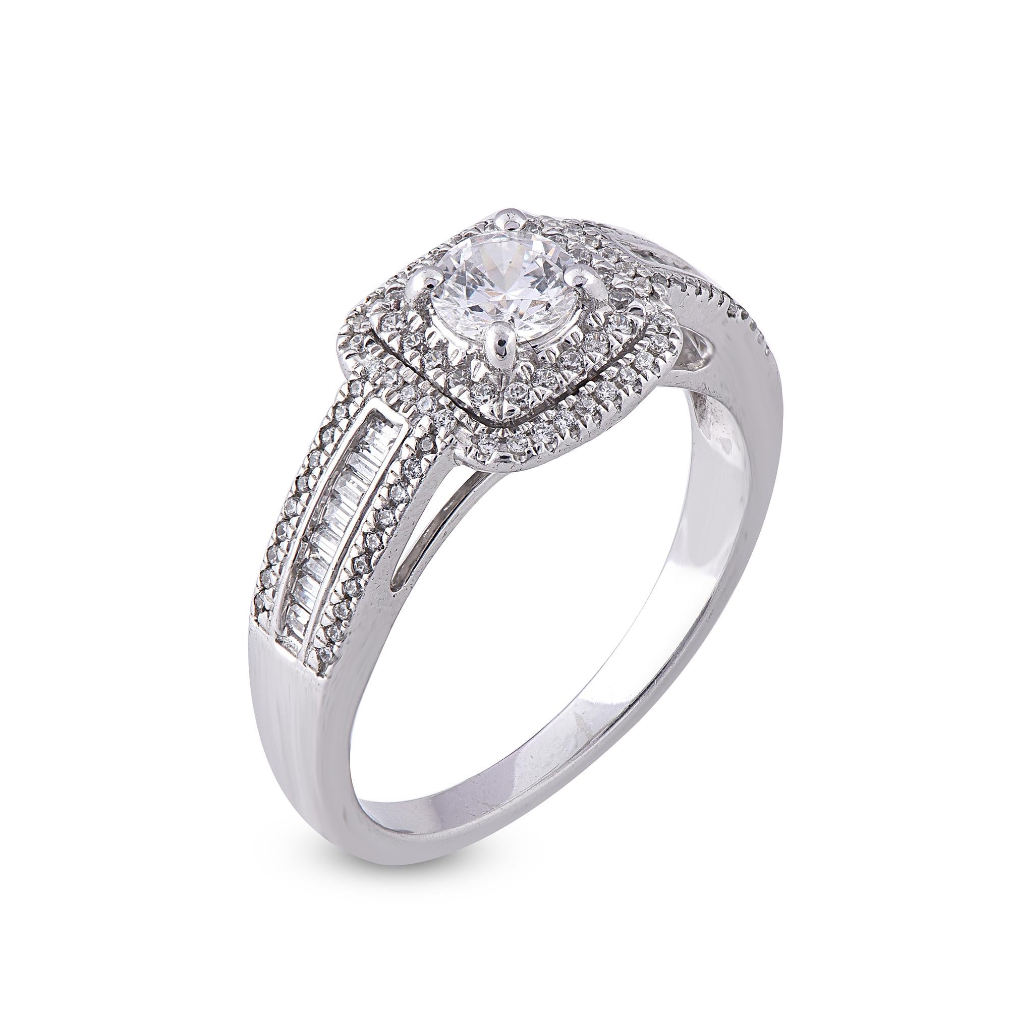 Graceful and shimmering diamond engagement ring is studded with 91 round and 18 Baguette diamonds beautifully set in prong and channel setting. Fashioned in 18 Karat White Gold and 0.75ct total diamond weight and G-H color & SI1-2 clarity.