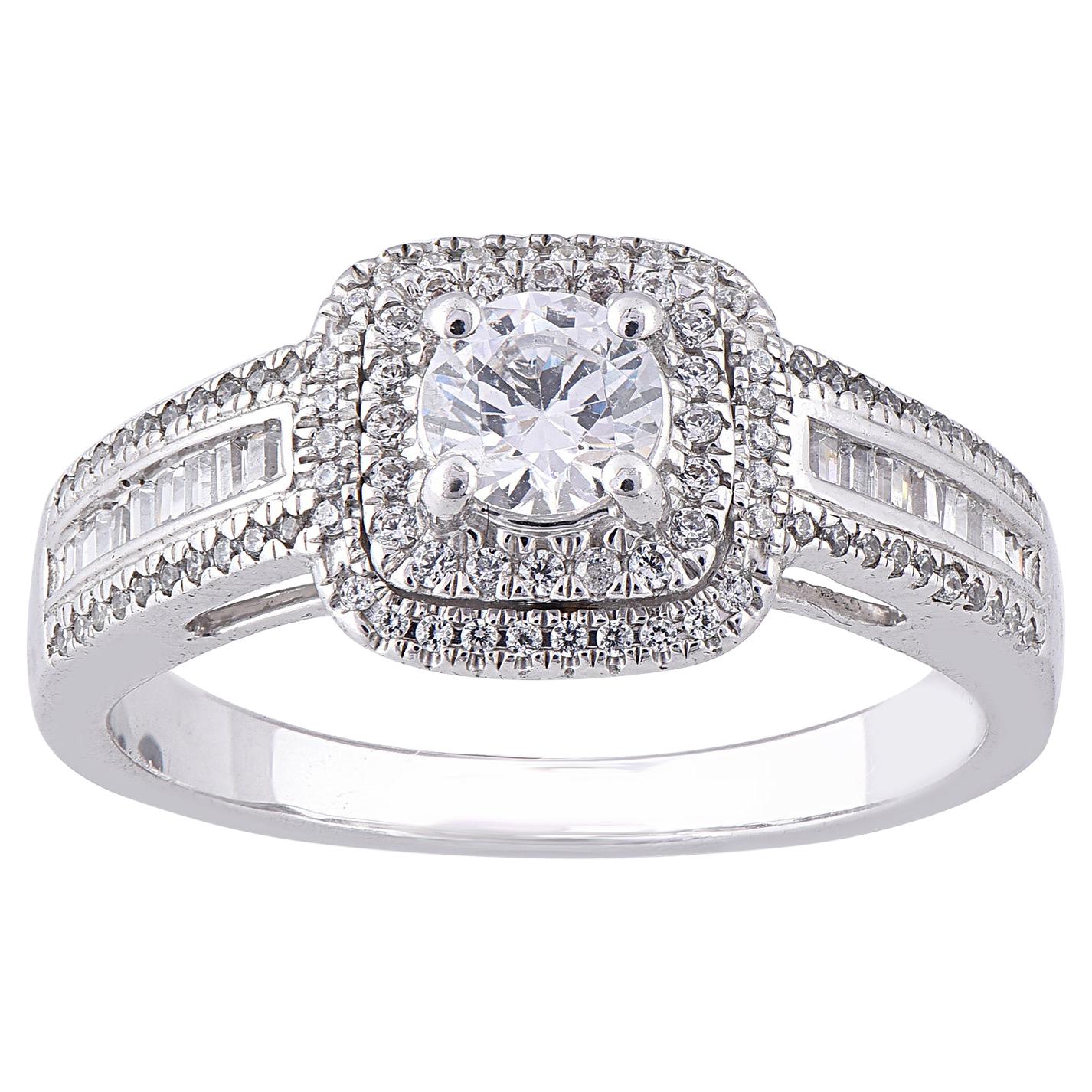 TJD 0.75 Carat Diamond 18 Karat White Gold Square Double Frame Engagement Ring For Sale