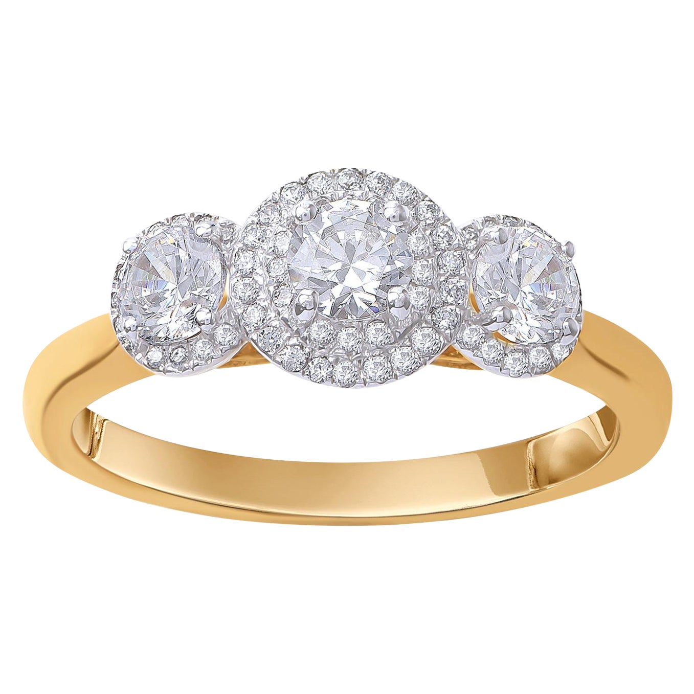 TJD 0.75 Carat Diamond 18 Karat Yellow Gold Vintage 3-Stone Cluster Ring