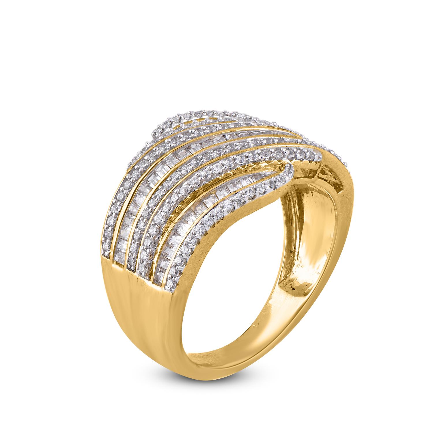 A fusion of diamonds and gold, made in 14 karat yellow gold. A multi-row design accentuated with 126 round diamonds and 57 baguette cut diamond set in prong and channel setting. The diamonds are graded H-I color I2 clarity.
