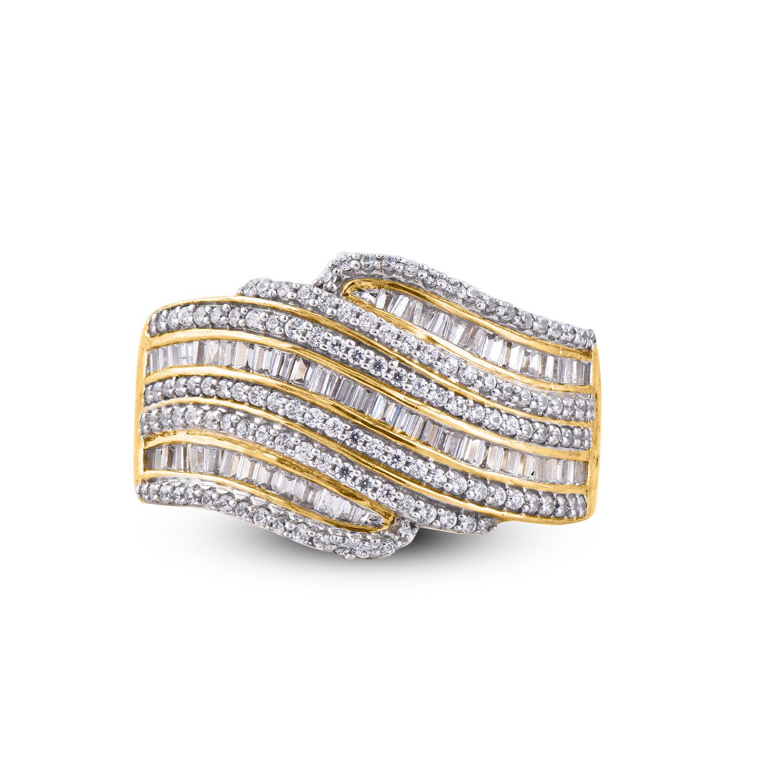 Art Deco TJD 0.75 Carat Layered Diamond 14 Karat Yellow Gold Dazzling Designer Ring For Sale