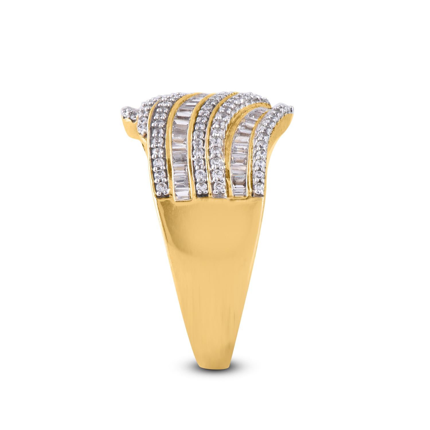 Baguette Cut TJD 0.75 Carat Layered Diamond 14 Karat Yellow Gold Dazzling Designer Ring For Sale