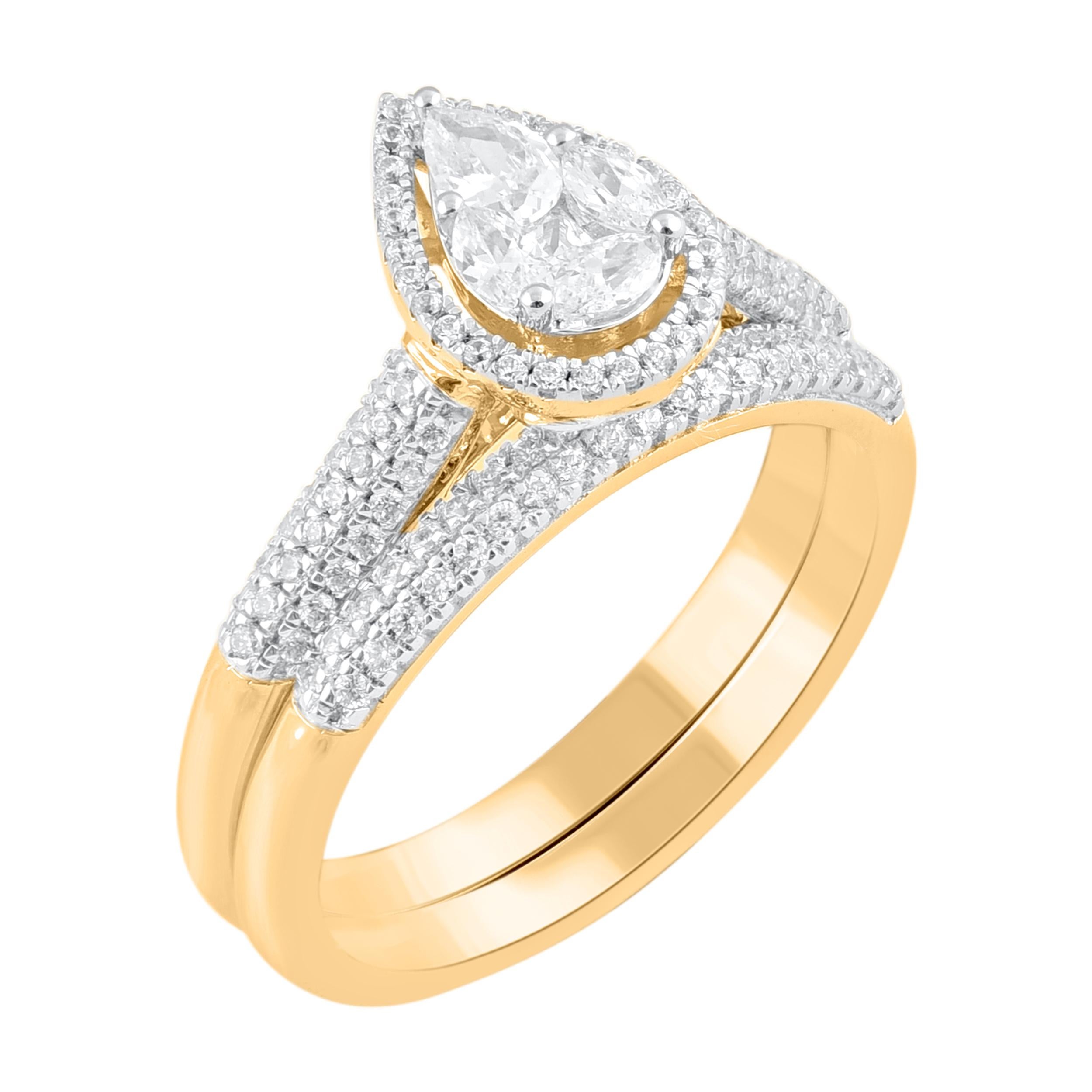Make that special moment magical with the exquisite diamond bridal ring set. This classic bridal ring is studded with single cut, princess cut, pear & marquise cut 116 diamonds in pressure and prong setting. This ring is designed in 14-karat yellow