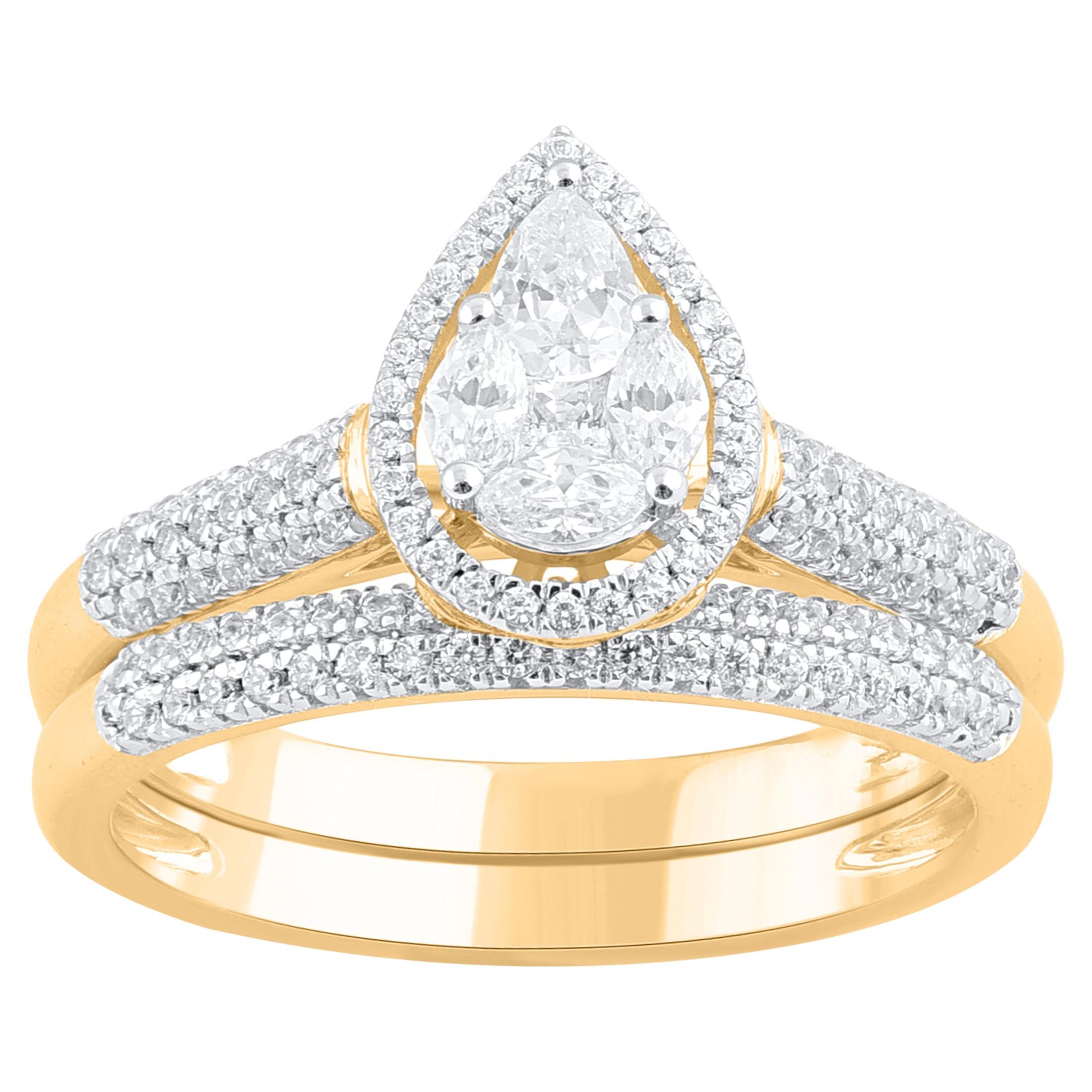 TJD 0.75 Carat Multi-cut Diamond 14 Karat Gold Pear-Shaped Frame Bridal Ring Set For Sale