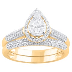 TJD 0.75 Carat Multi-cut Diamond 14 Karat Gold Pear-Shaped Frame Bridal Ring Set