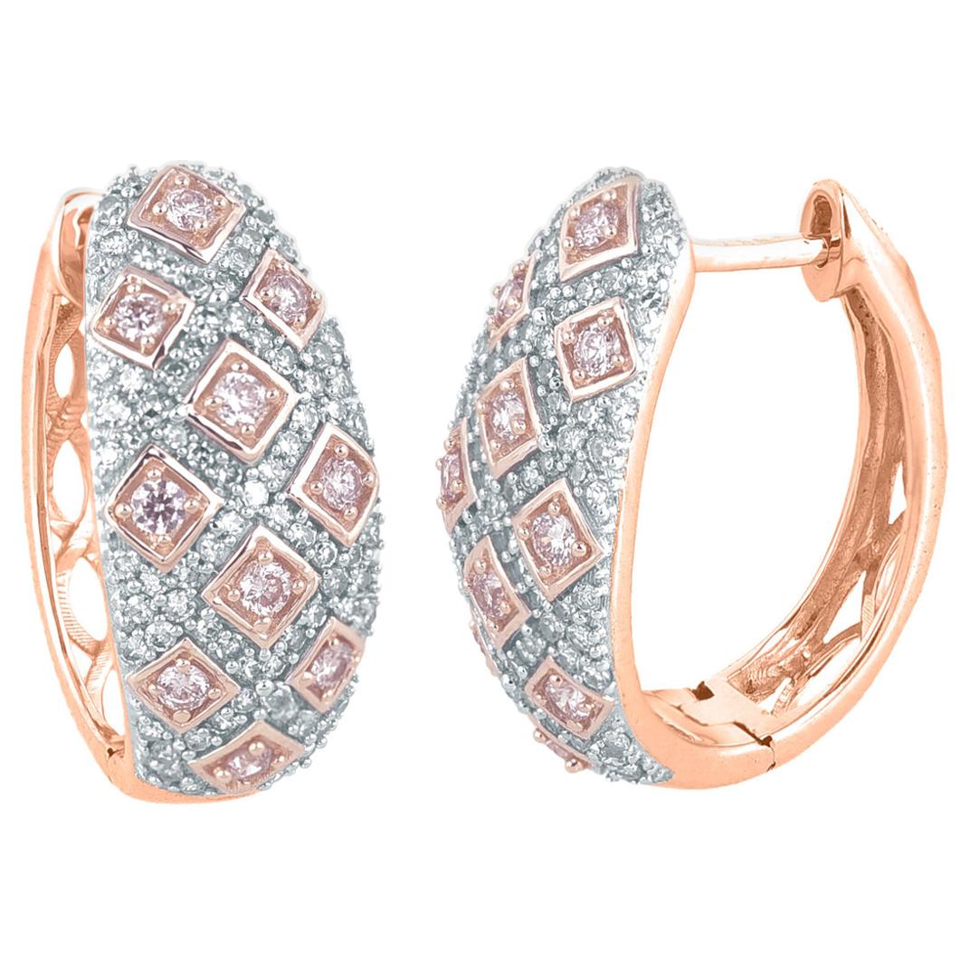 TJD 0.75 Carat Nat. Pink Rosé & White Diamond 18K Rose Gold Huggie Hoop Earrings