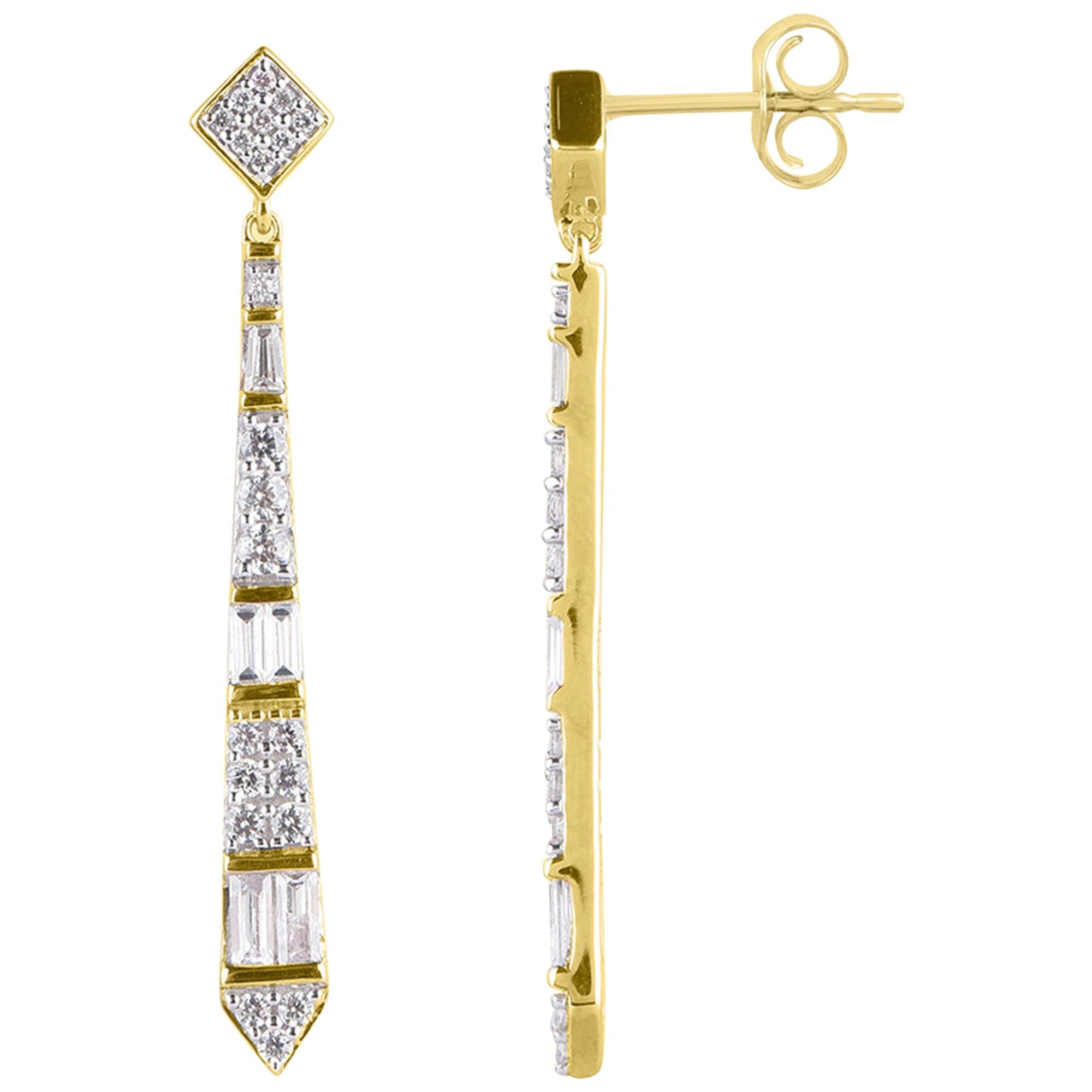 TJD 3/4Carat Round & Baguette Diamond 14K Yellow Gold Vertical Bar Drop Earrings