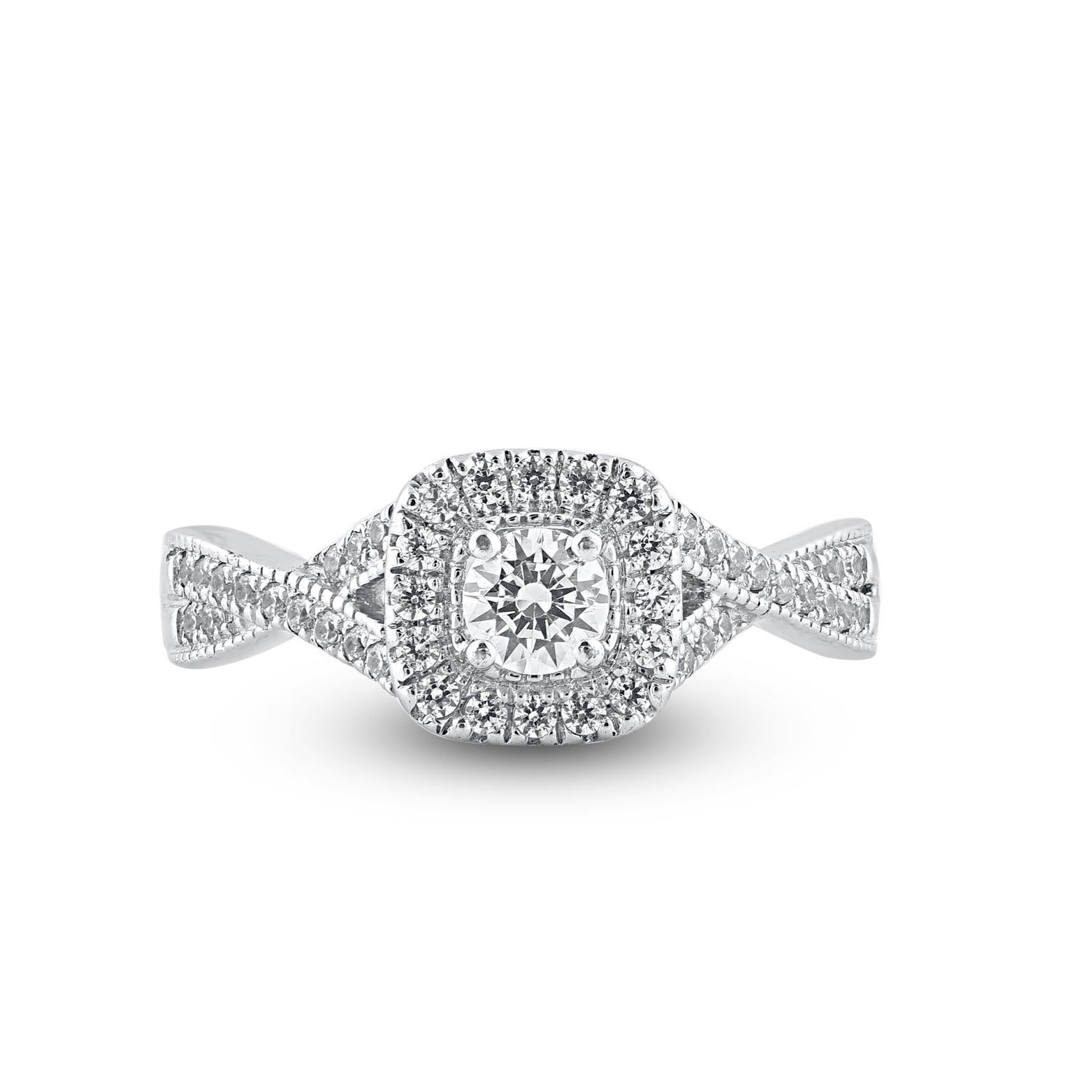 Modern TJD 0.75 Carat Natural Diamond 14 Karat Gold Twist Shank Halo Engagement Ring For Sale