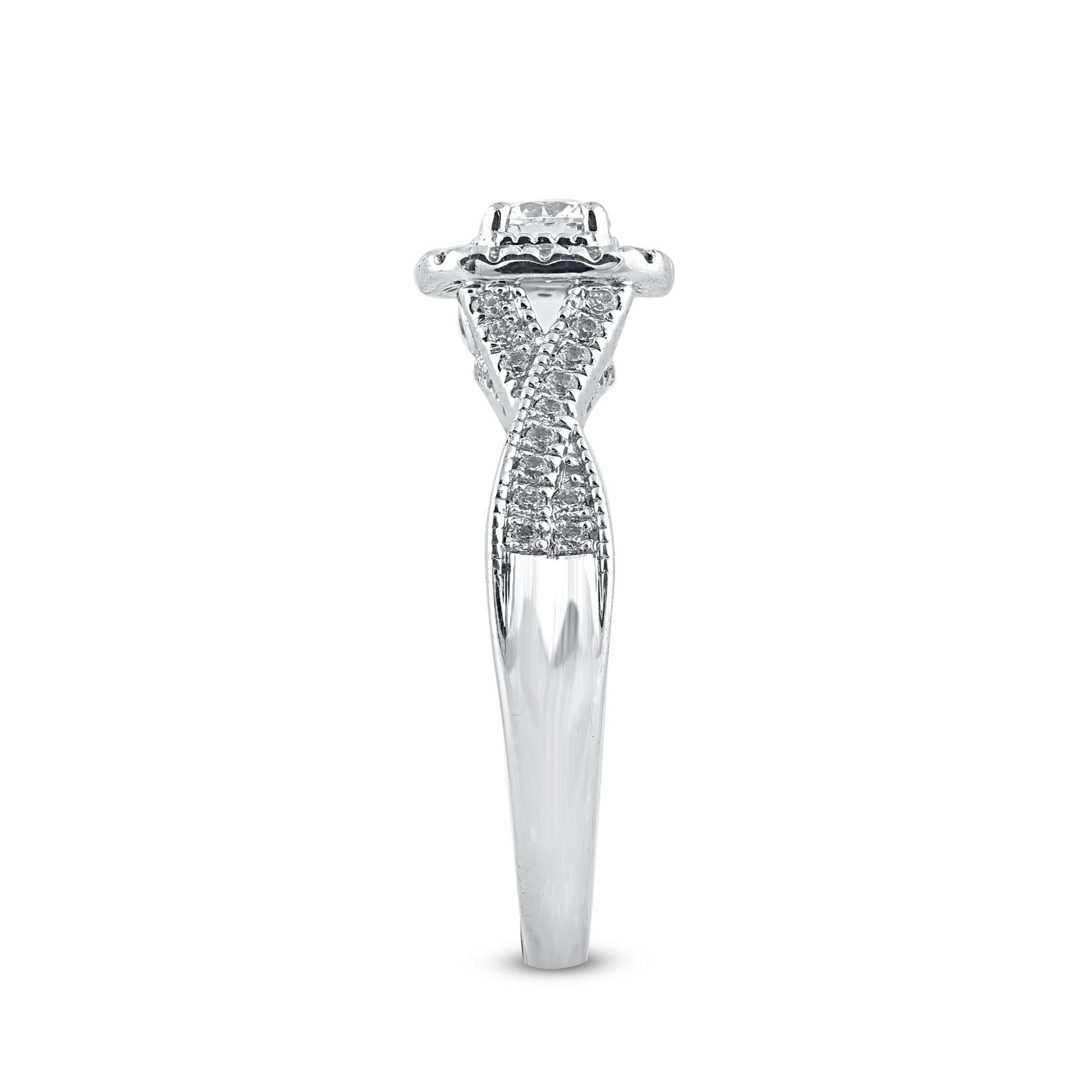 Round Cut TJD 0.75 Carat Natural Diamond 14 Karat Gold Twist Shank Halo Engagement Ring For Sale