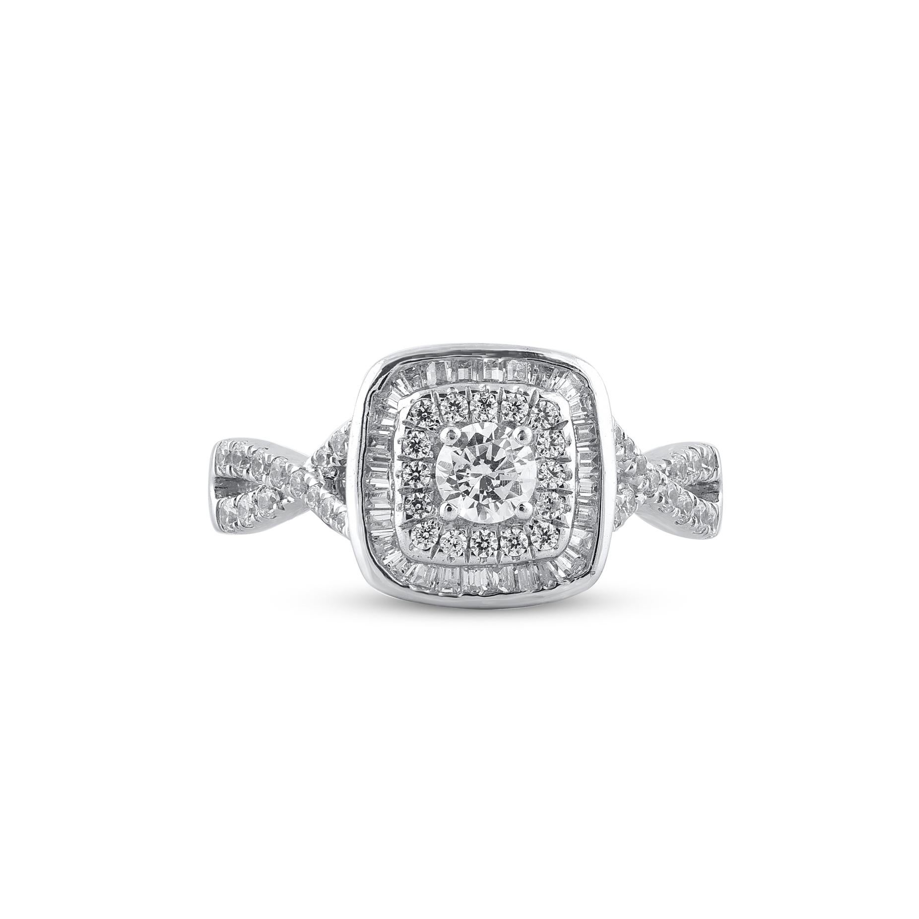 Express your love for her in the most classic way with this engagement ring. Beautifully crafted by our inhouse experts in 14 karat white gold and embellished with 77 brilliant cut, single cut round diamond and baguette cut diamonds set in prong,