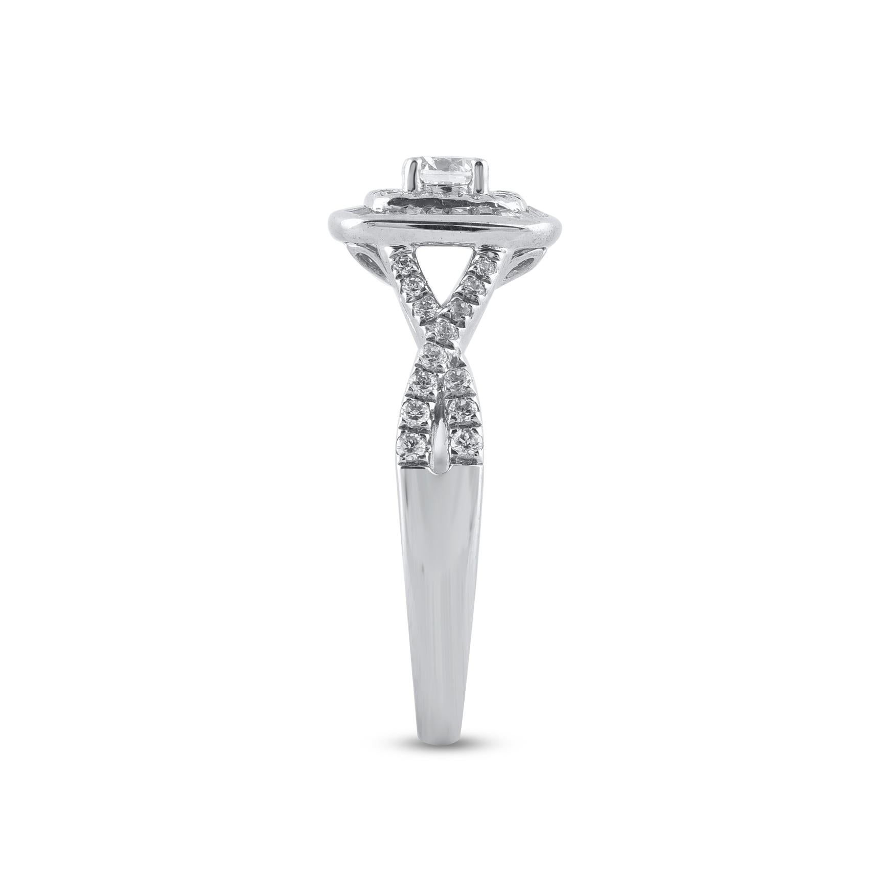 Mixed Cut TJD 0.75 Carat Natural Diamond 14 Karat White Gold Double Halo Engagement Ring For Sale