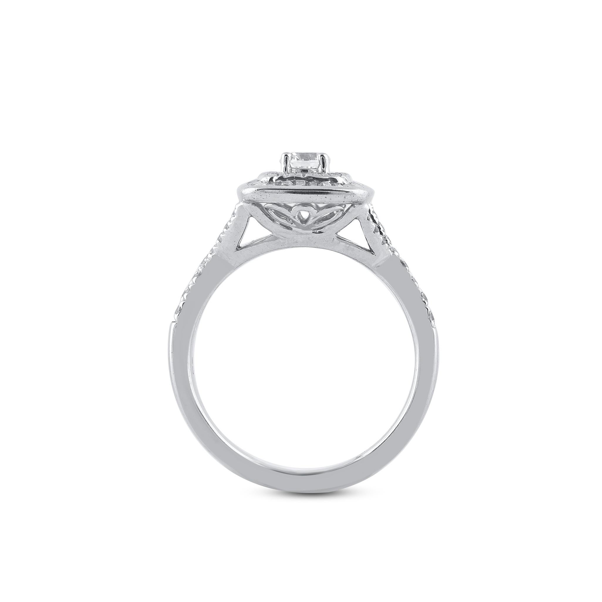 TJD 0.75 Carat Natural Diamond 14 Karat White Gold Double Halo Engagement Ring In New Condition For Sale In New York, NY