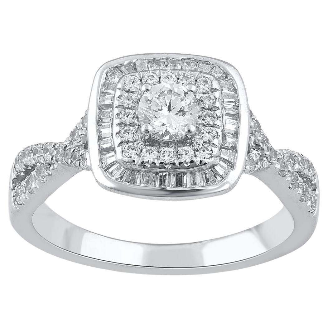 TJD 0.75 Carat Natural Diamond 14 Karat White Gold Double Halo Engagement Ring For Sale