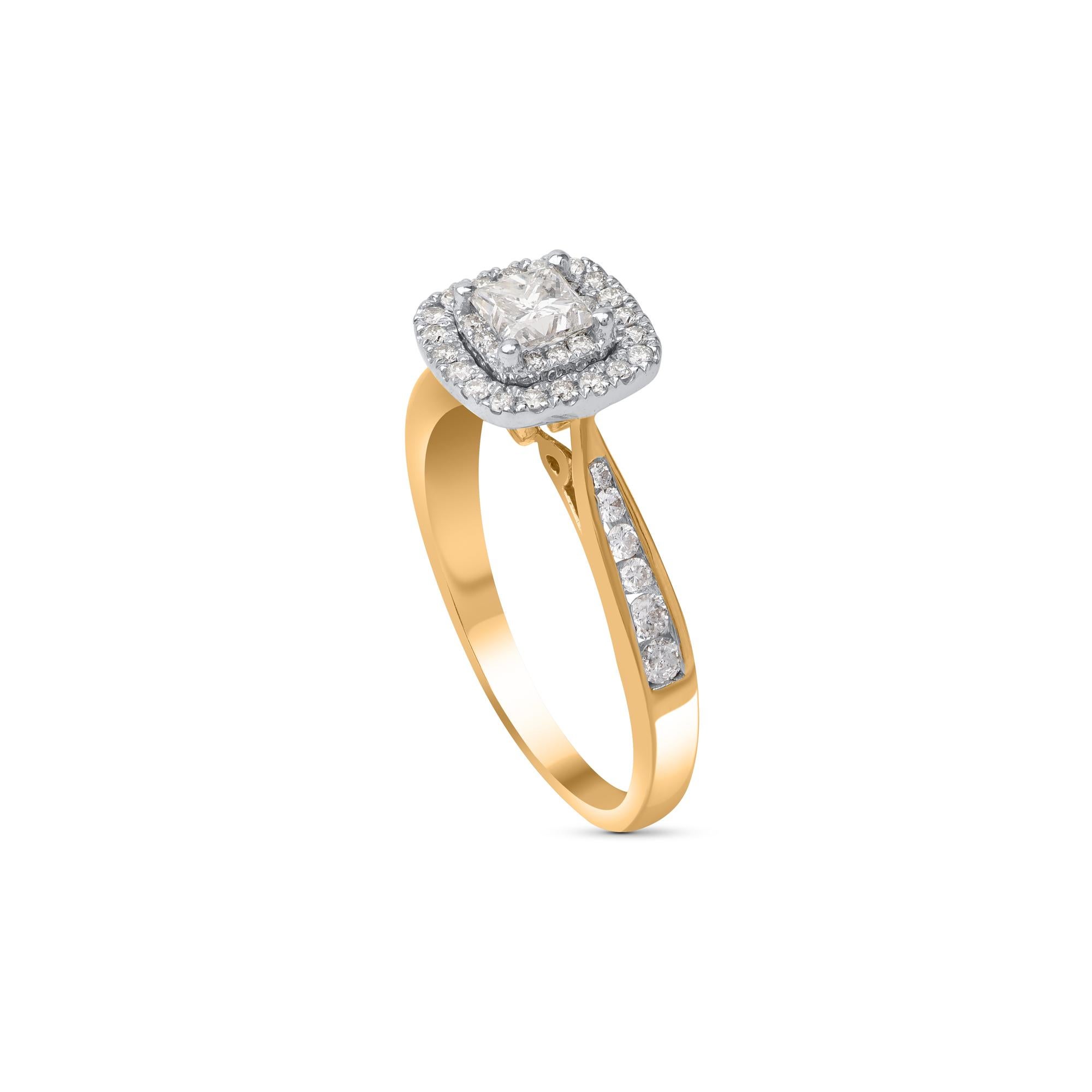 Contemporain Bague de fiançailles halo en or jaune 14 carats avec diamant naturel de 0,75 carat TJD en vente