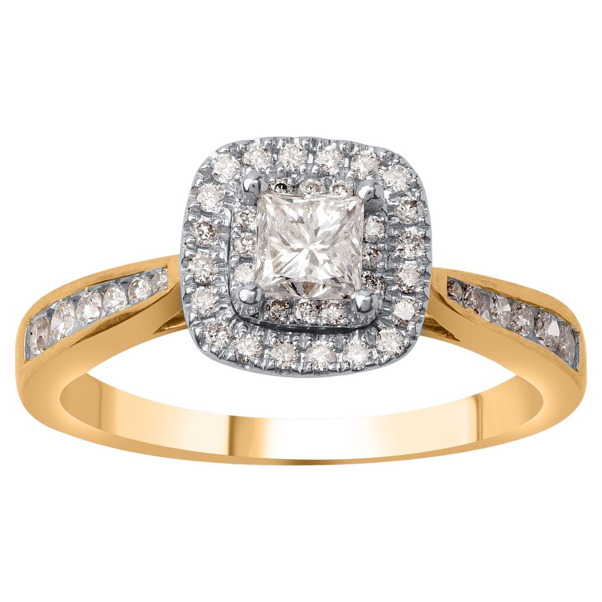 Bague de fiançailles halo en or jaune 14 carats avec diamant naturel de 0,75 carat TJD en vente