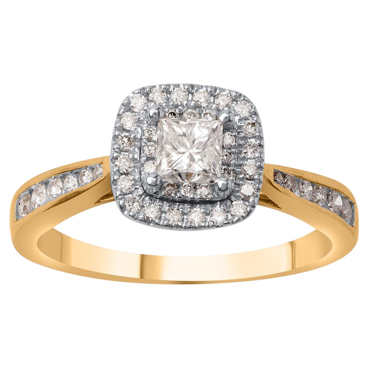 TJD 0.75 Carat Natural Diamond 14 Karat Yellow Gold Halo Engagement Ring For Sale