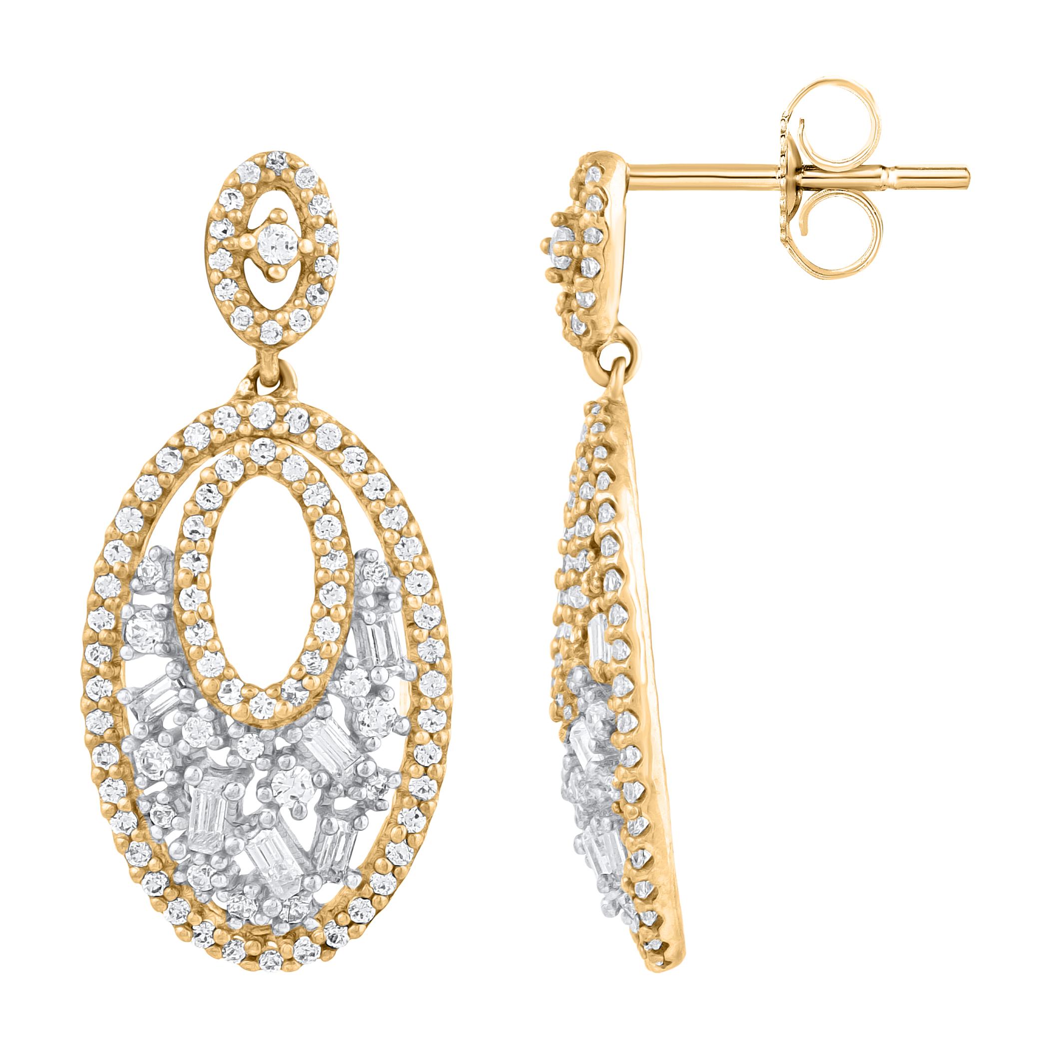 Top of your favorite look with this stunning diamond designer drop earrings. Beautifully hand-crafted by our inhouse experts in 14 karat yellow gold and embellished with 186 brilliant cut round diamonds and baguette diamonds in prong setting and