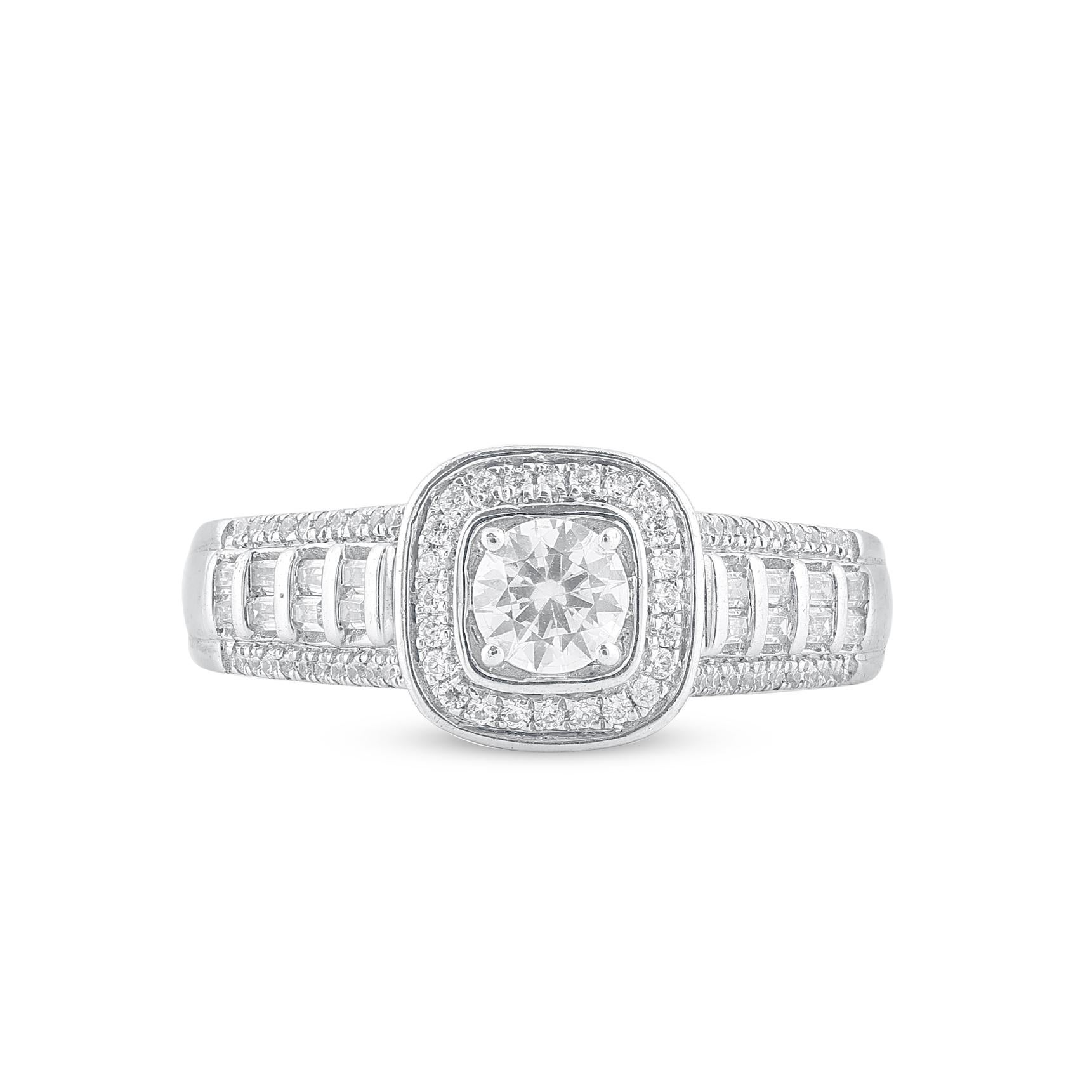 Make a bold statement of love with this engagement ring. Beautifully crafted by our inhouse experts in 14 karat white gold and embellished with 79 brilliant cut and single cut round diamond set in prong, pave and channel setting. Total diamond