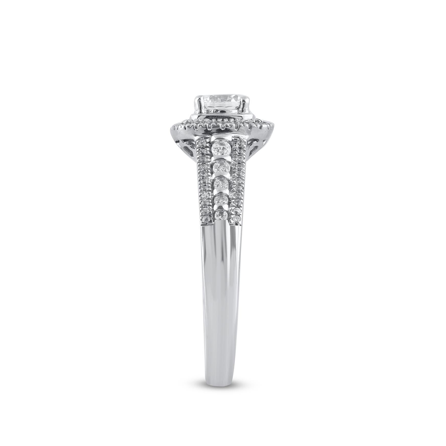 Round Cut TJD 0.75 Carat Natural Diamond 14KT White Gold Cushion Frame Engagement Ring For Sale