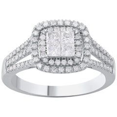 TJD 0.75 CTW Round and 4 Center Princess Diamond 10 K White Gold Engagement Ring