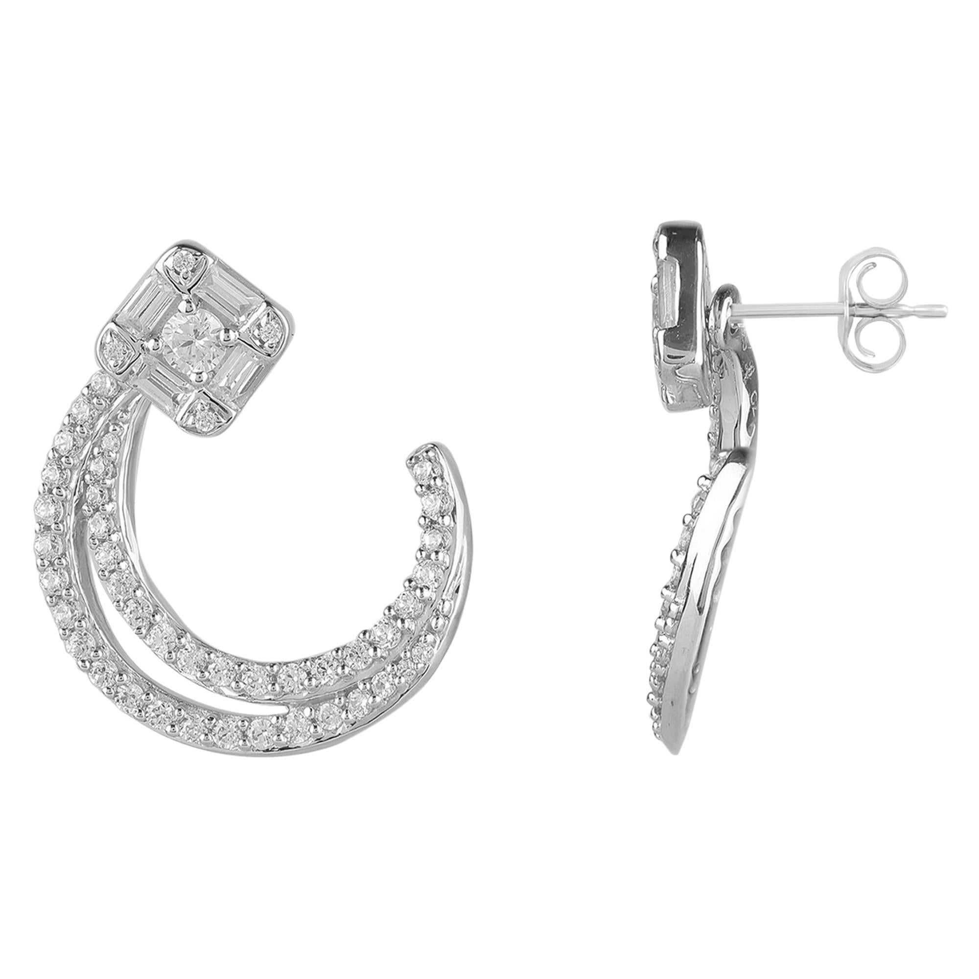 TJD 0.75 Carat Round and Baguette Diamond 14K White Gold C-Shaped Stud Earrings