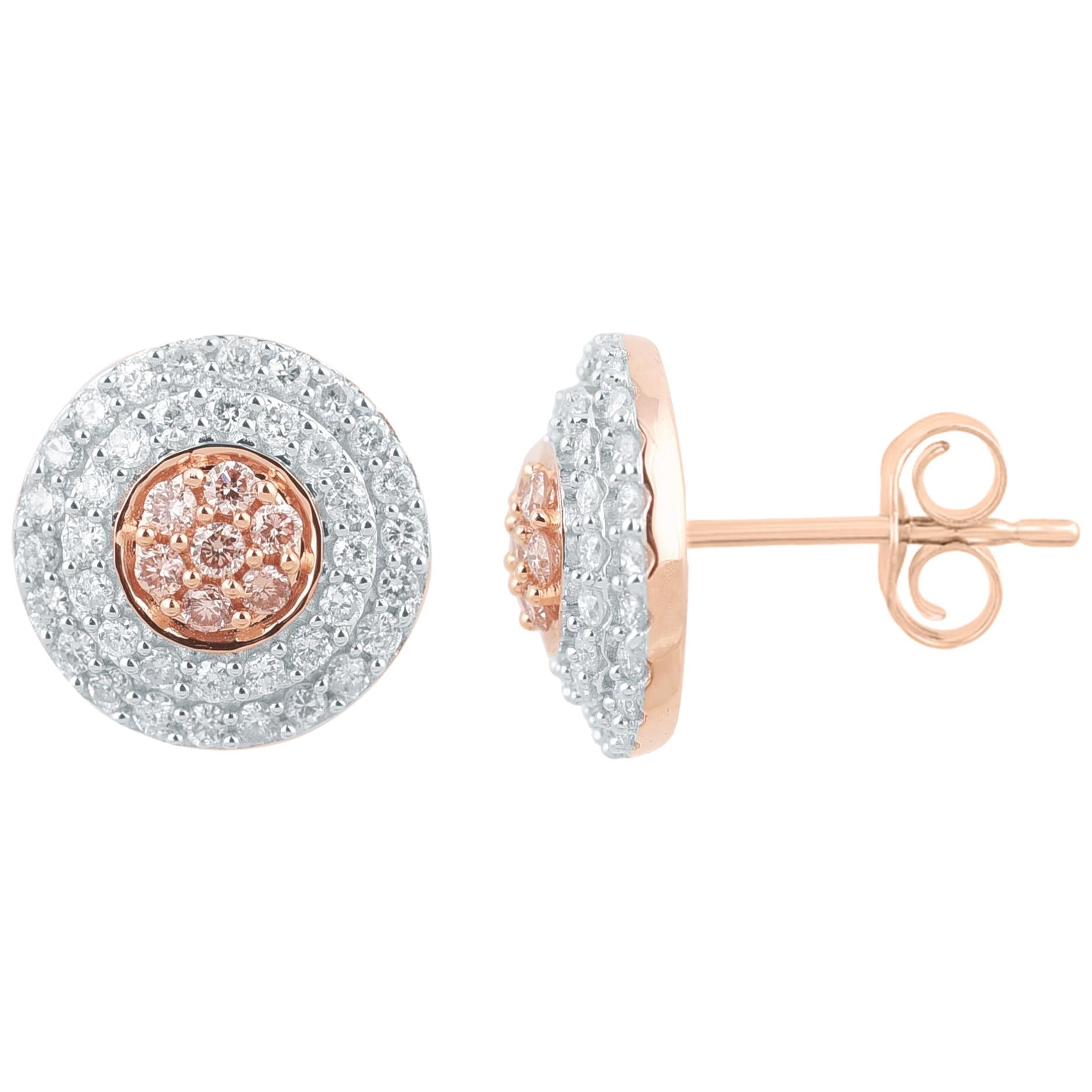 TJD 3/4Ct Nat. Pink Rosé & White Diamond 18K Rose Gold Halo Cluster Stud Earring For Sale