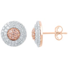 TJD 3/4Ct Nat. Pink Rosé & White Diamond 18K Rose Gold Halo Cluster Stud Earring
