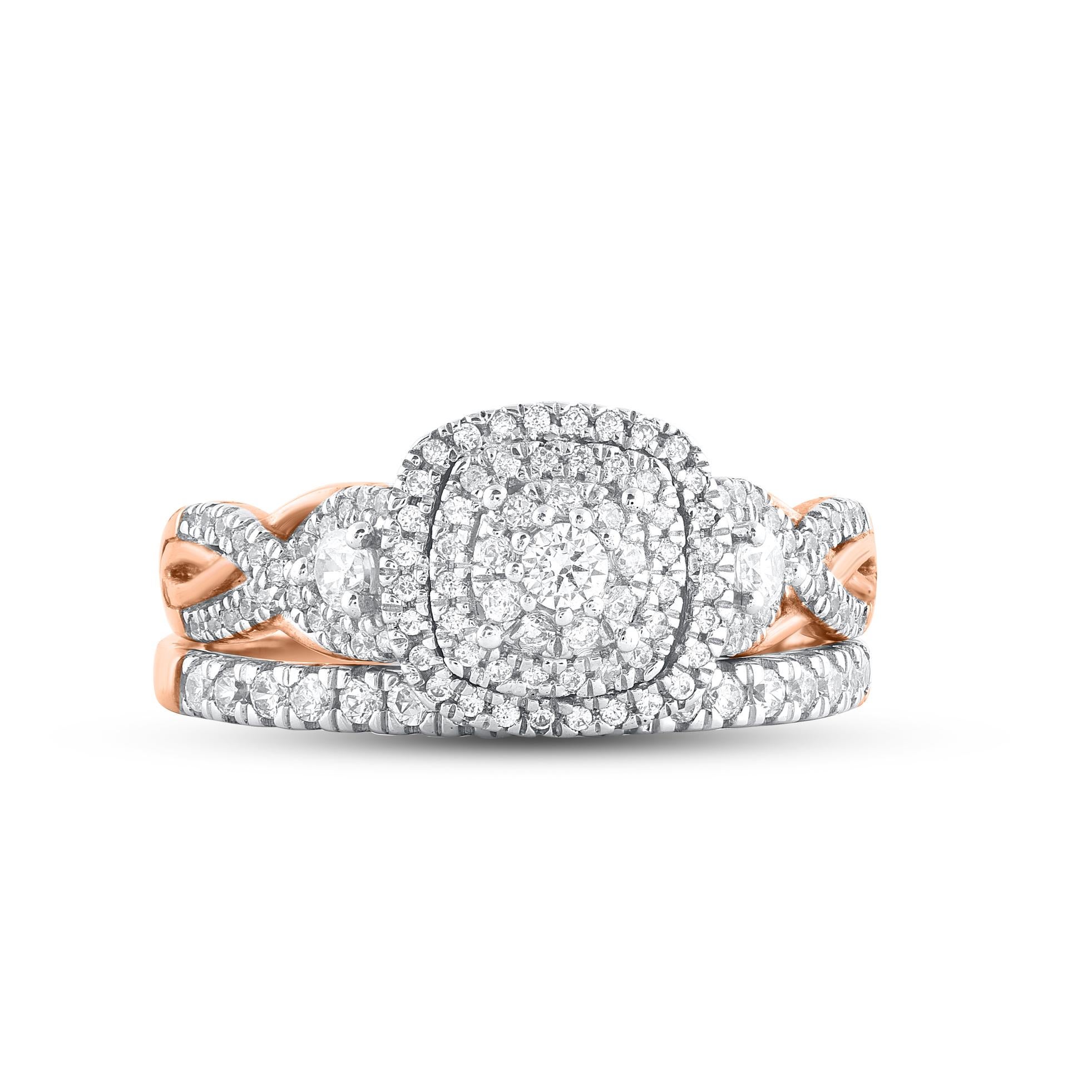 Classic, elegant and a breathtaking symbol of your everlasting love, this diamond bridal set shines through all your most beautiful moments. Crafted in 14 Karat rose gold. This wedding ring features a sparkling 114 brilliant cut and single cut round