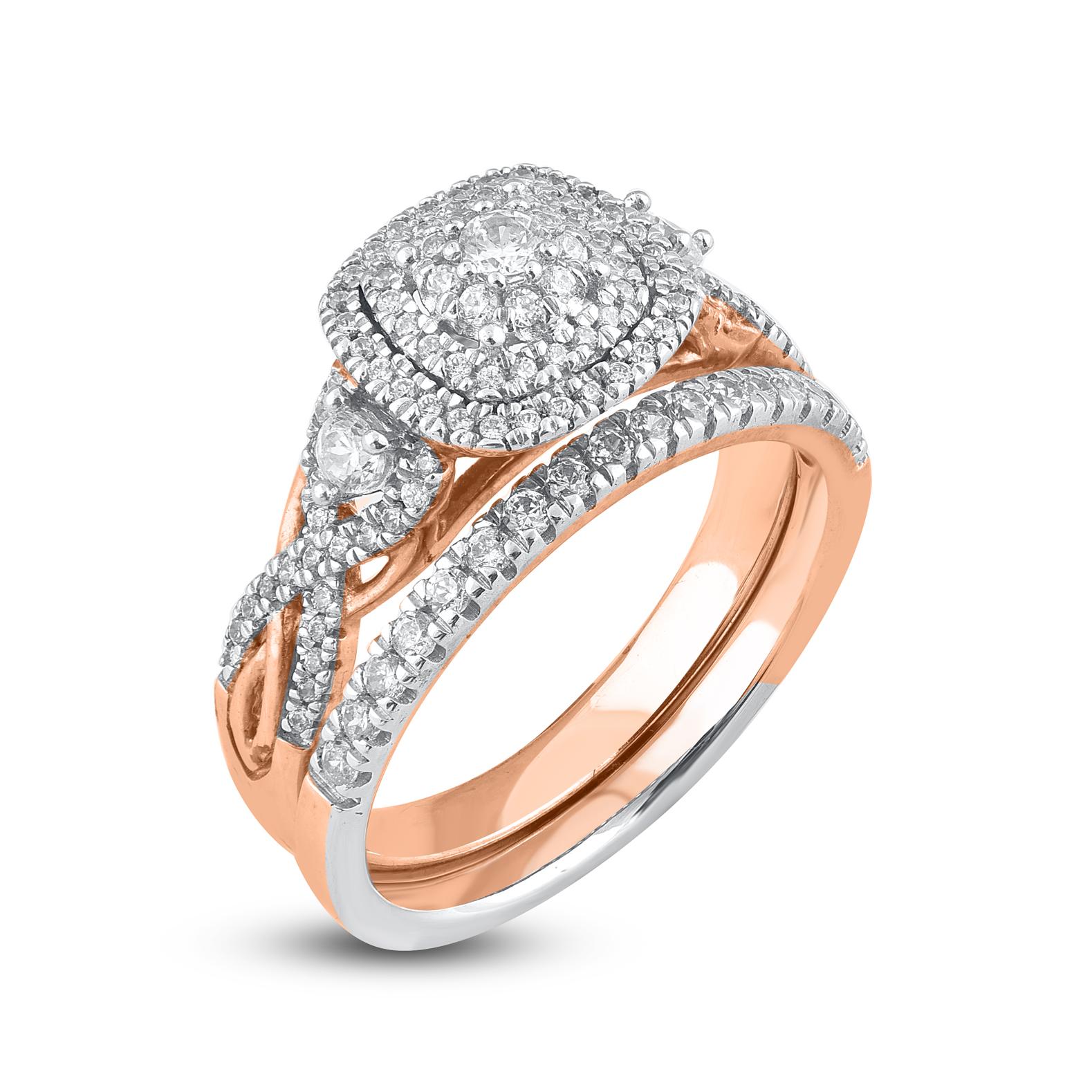 Contemporary TJD 0.75 Carat Natural Round Cut Diamond 14 Karat Rose Gold Bridal Ring Set For Sale