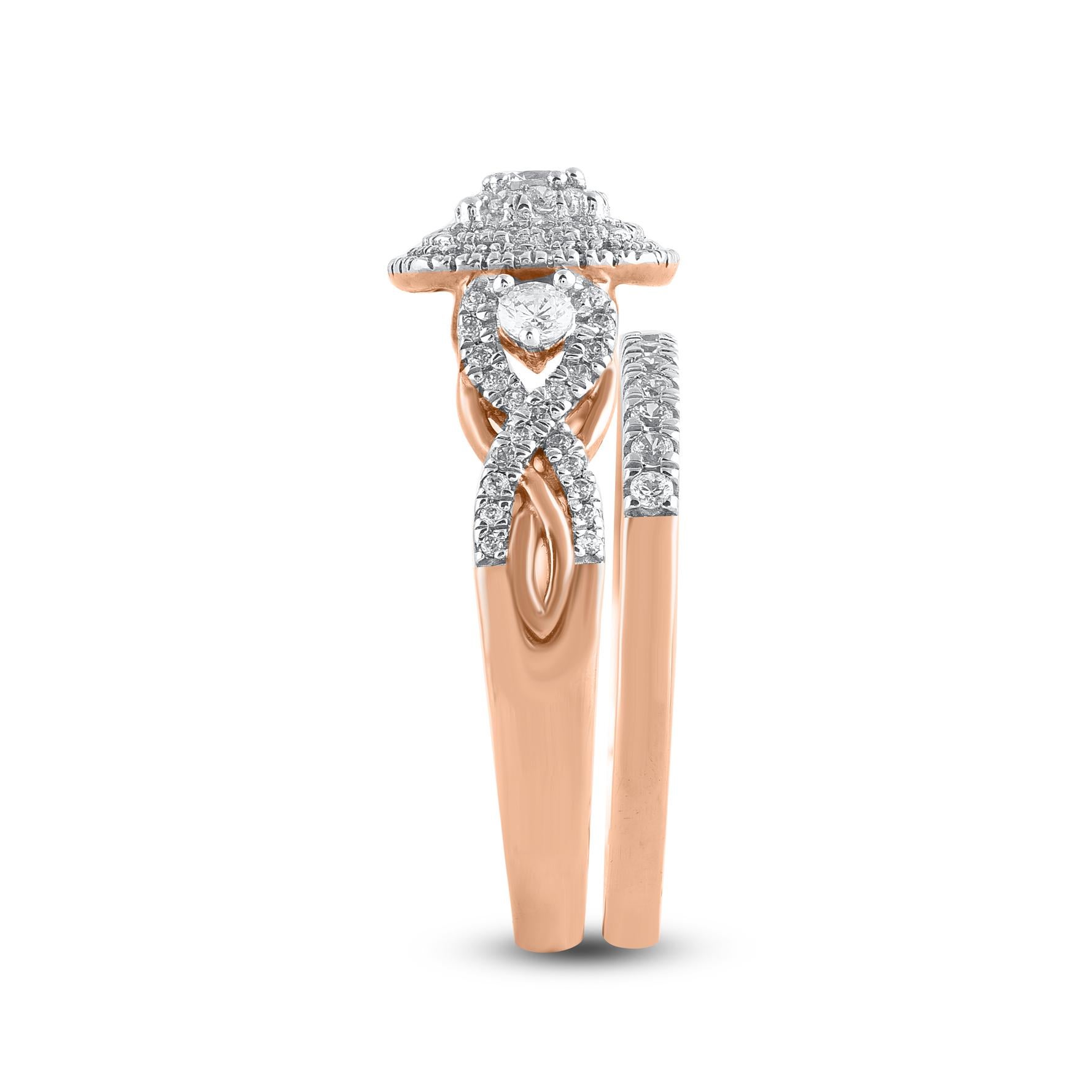TJD 0.75 Carat Natural Round Cut Diamond 14 Karat Rose Gold Bridal Ring Set In New Condition For Sale In New York, NY