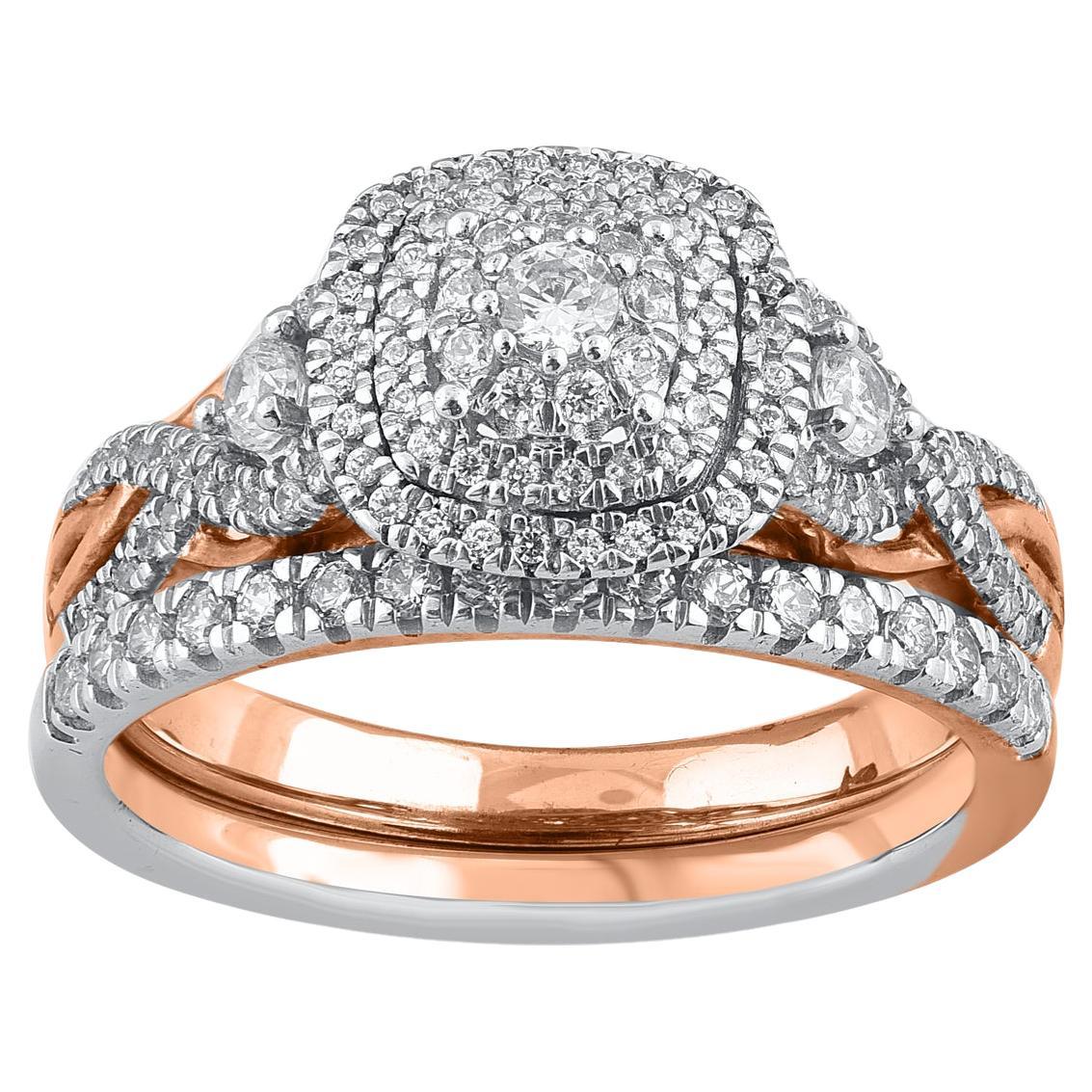 TJD 0.75 Carat Natural Round Cut Diamond 14 Karat Rose Gold Bridal Ring Set For Sale