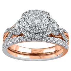 TJD 0.75 Carat Natural Round Cut Diamond 14 Karat Rose Gold Bridal Ring Set