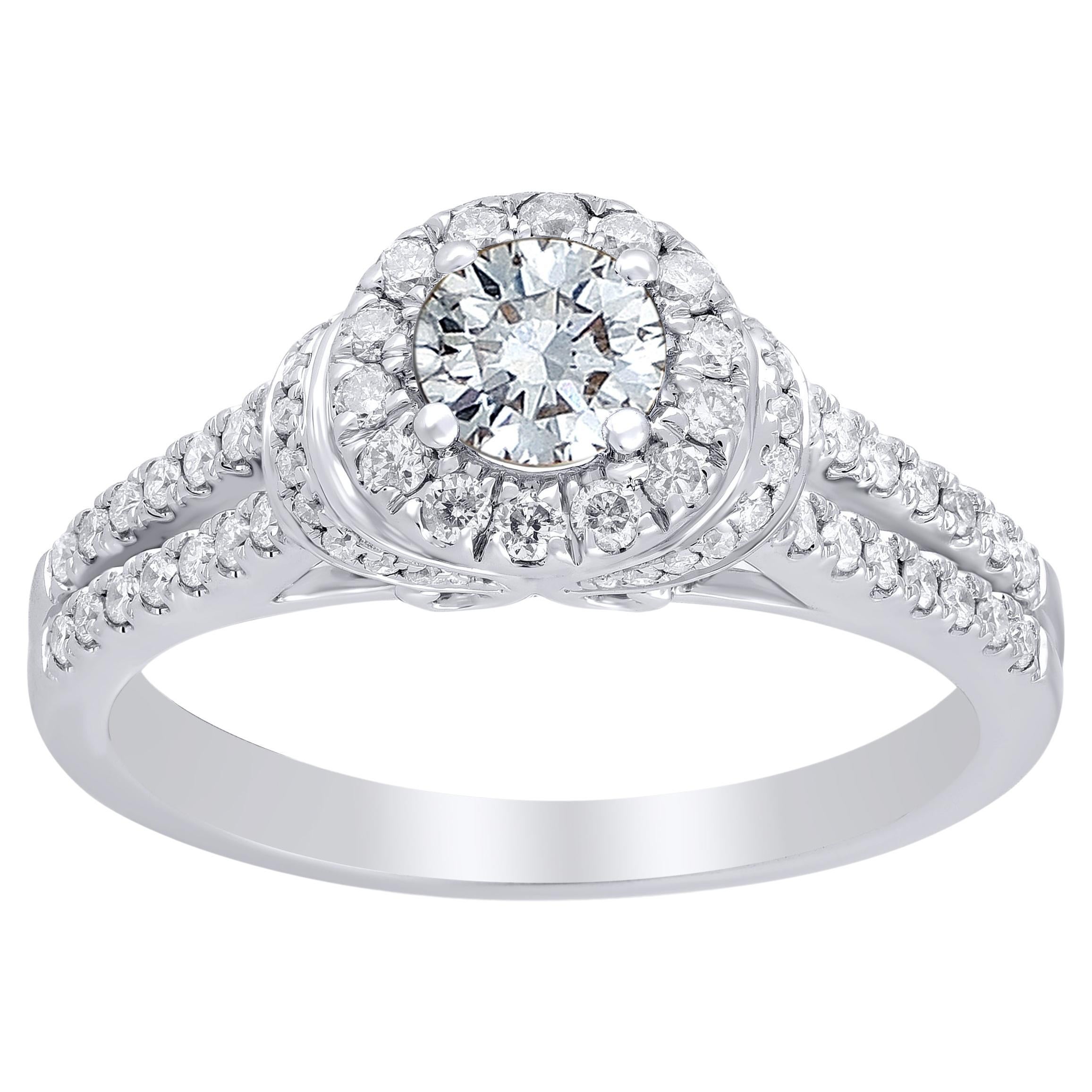 TJD 0.75 Carat Natural Round Cut Diamond 14 Karat White Gold Engagement Ring