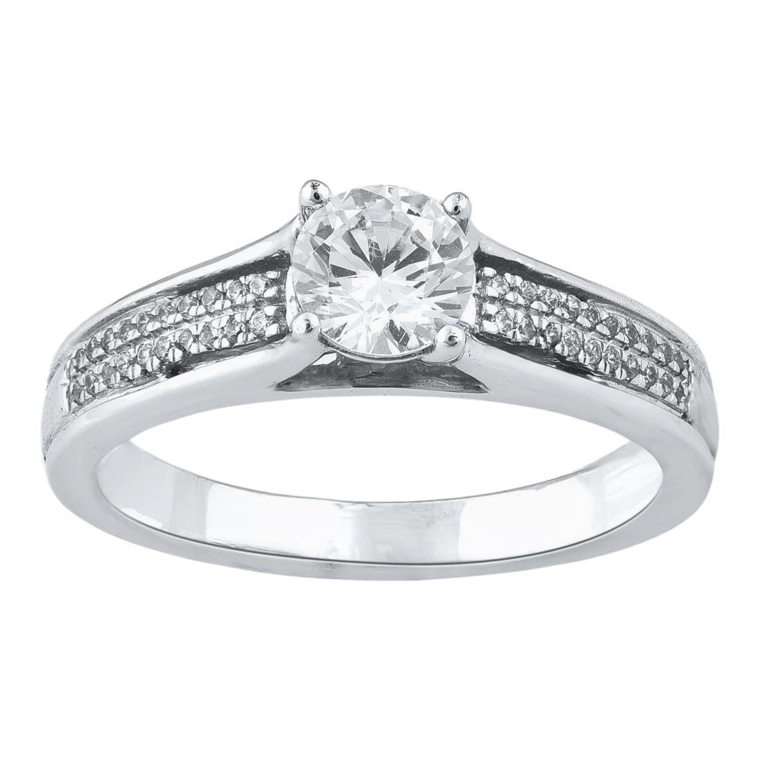 TJD Anillo de compromiso de novia de oro blanco de 14 quilates con diamante natural de corte redondo de 0,75 quilates