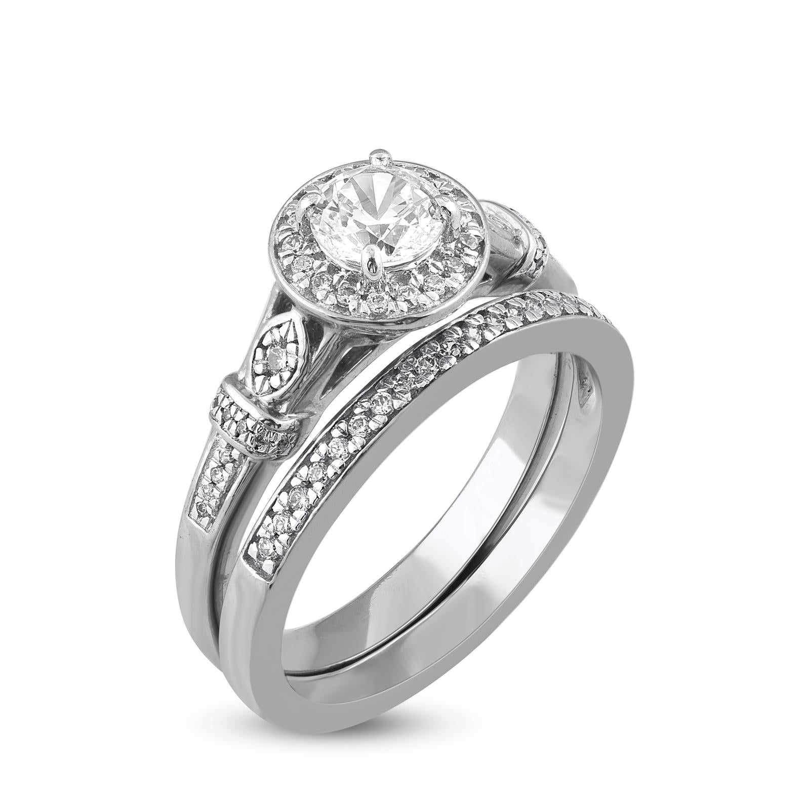 Contemporain Ensemble de bague de mariage en or blanc 14 carats avec diamants naturels taille ronde de 0,75 carat TJD en vente