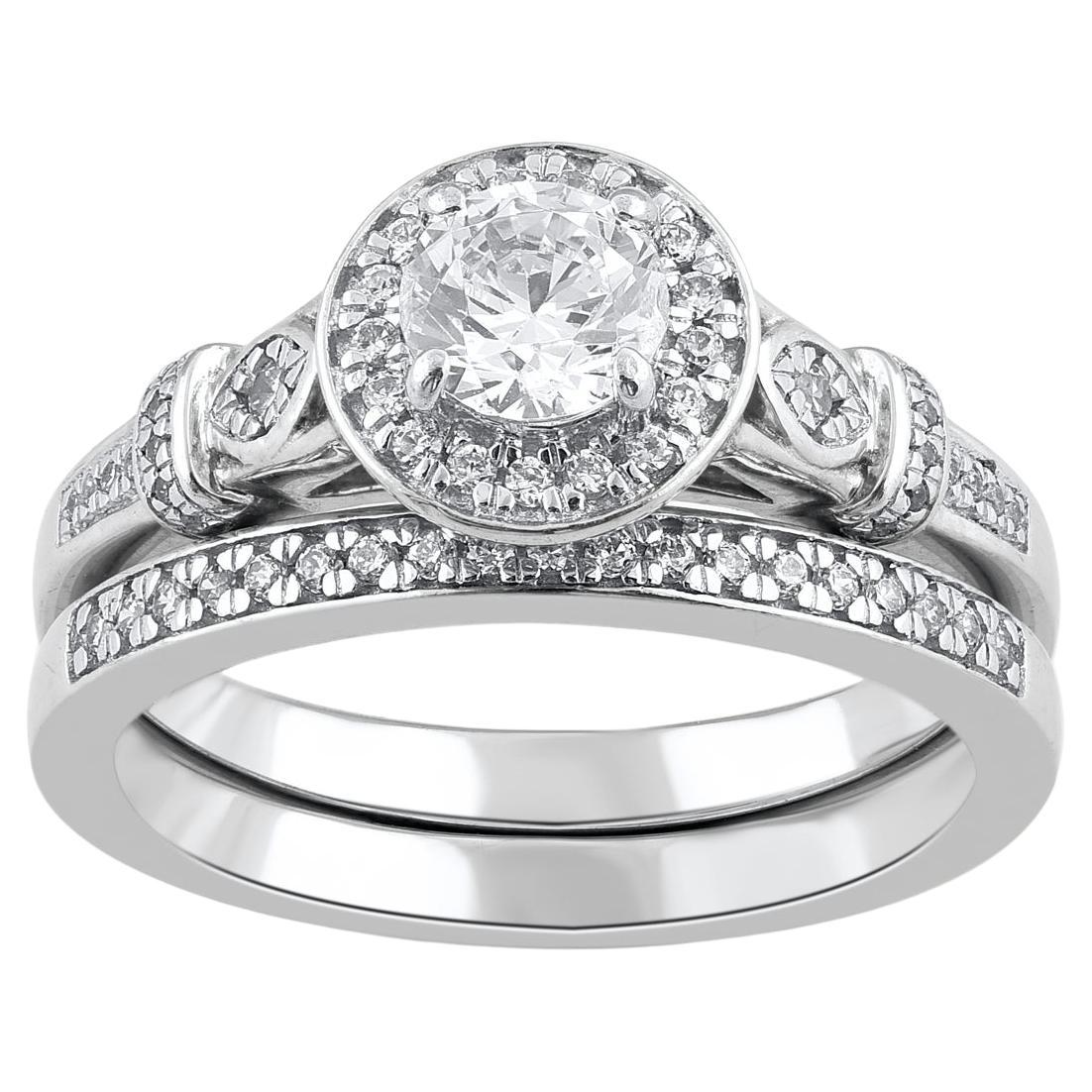 Ensemble de bague de mariage en or blanc 14 carats avec diamants naturels taille ronde de 0,75 carat TJD en vente