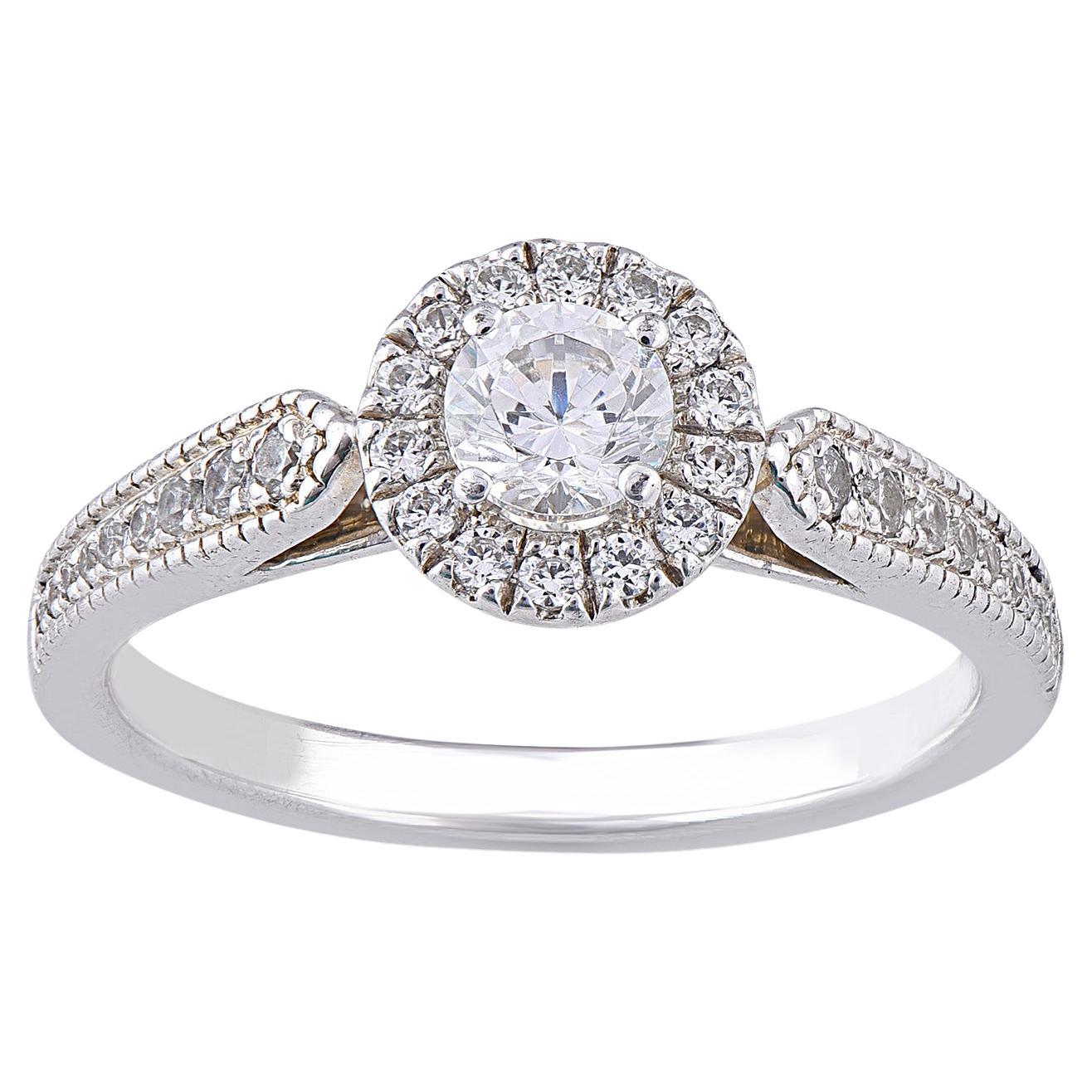 TJD 0.75 Carat Natural Round Cut Diamond 14KT White Gold Halo Engagement Ring