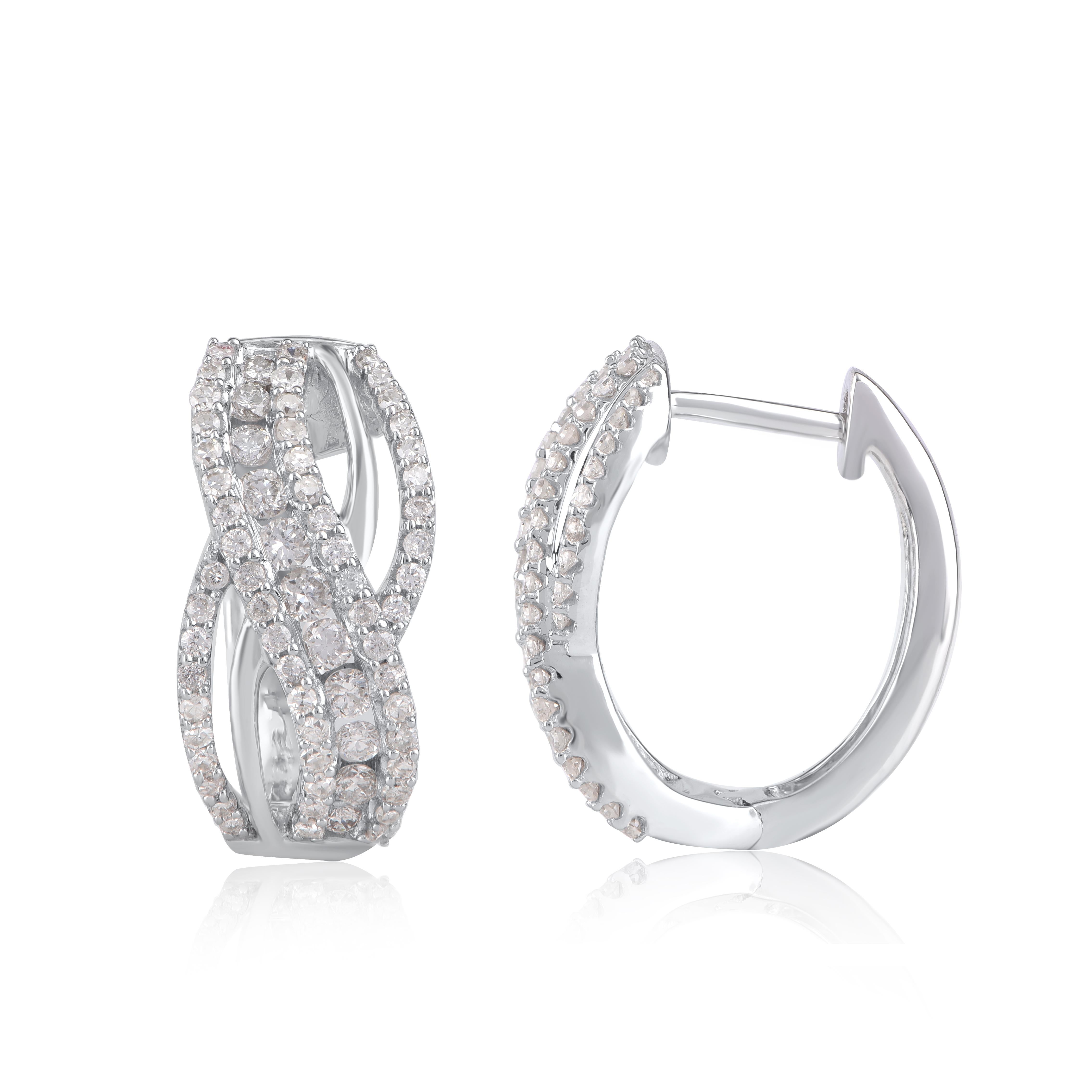 Bring charm to your look with this diamond hoop earrings. This earring is beautifully designed and studded with 134 single cut diamond and brilliant cut diamonds in prong and channel setting. We only use natural, 100% conflict free diamonds which