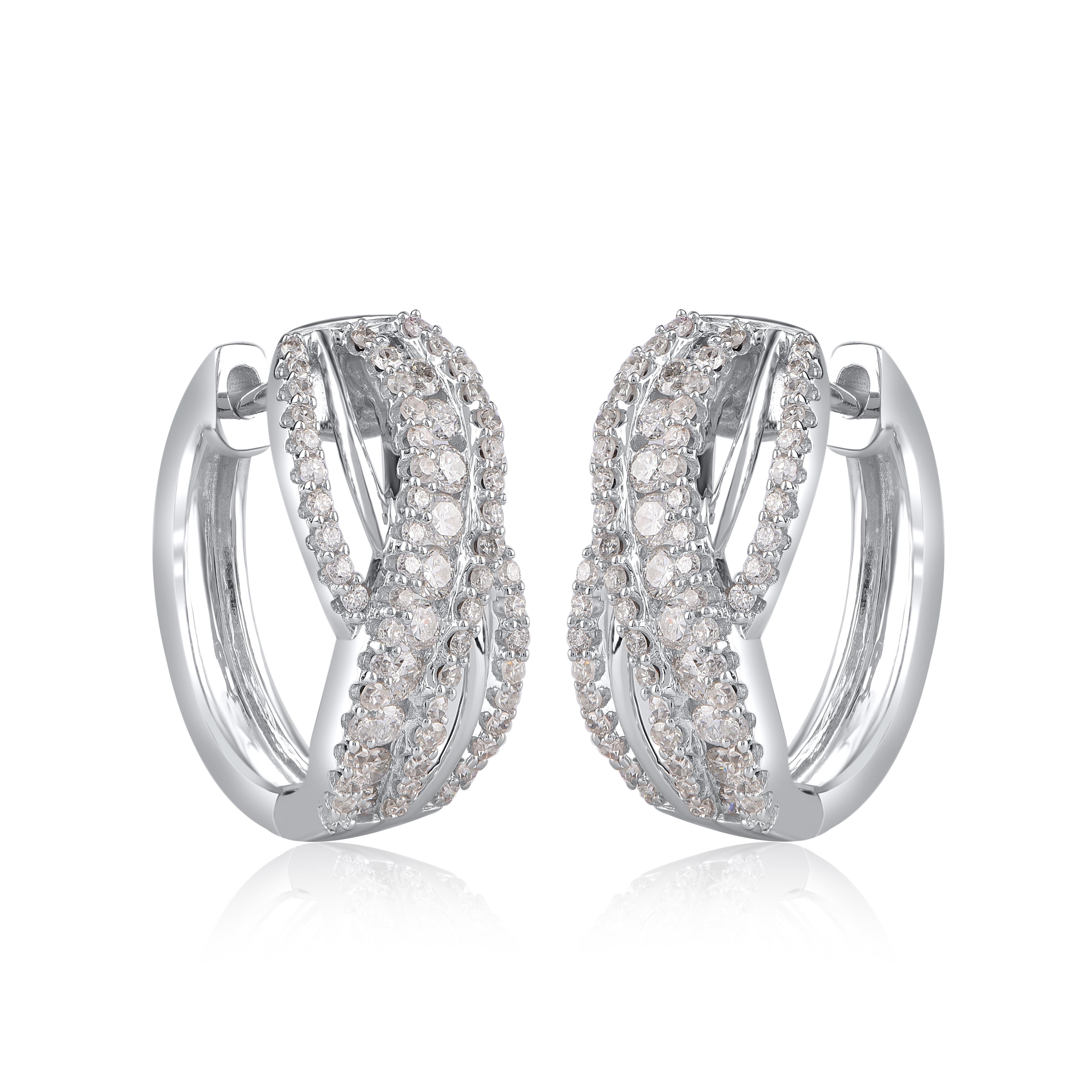 Contemporary TJD 0.75 Carat Natural Round Cut Diamond 14KT White Gold Infinity Hoop Earrings For Sale