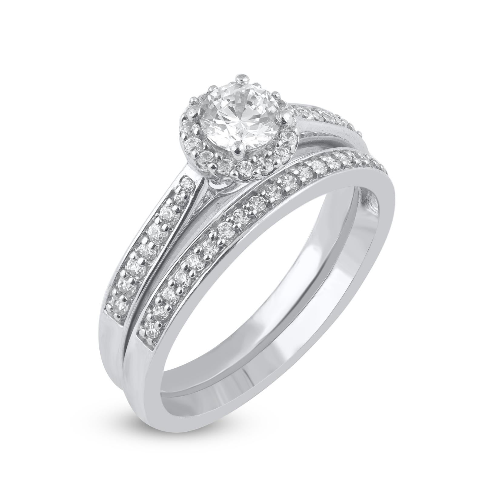 Contemporain Bague de mariage en or blanc 14 carats sertie d'un diamant rond naturel de 0,75 carat TJD en vente