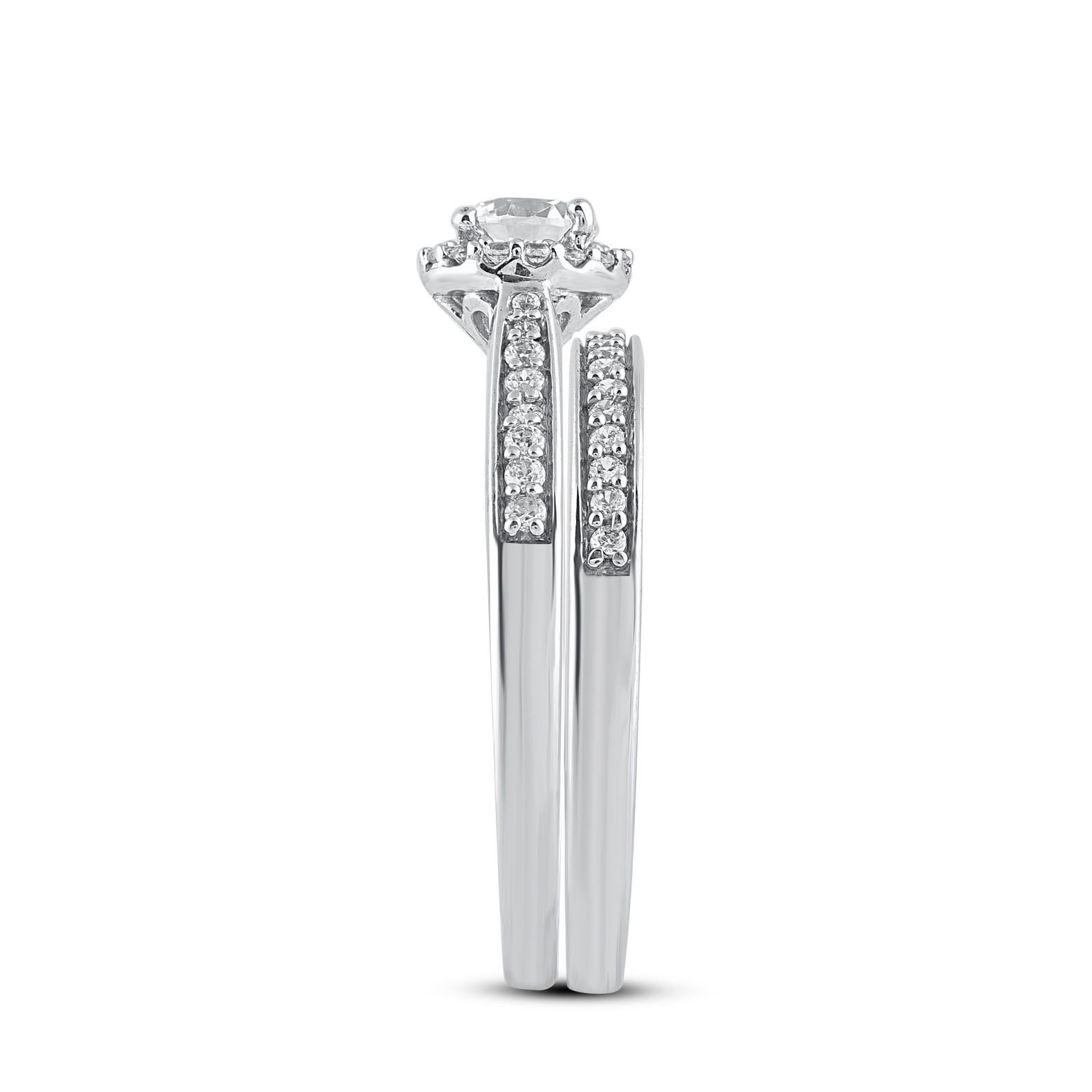 Round Cut TJD 0.75 Carat Natural Round Diamond 14 Karat White Gold Bridal Ring Set For Sale