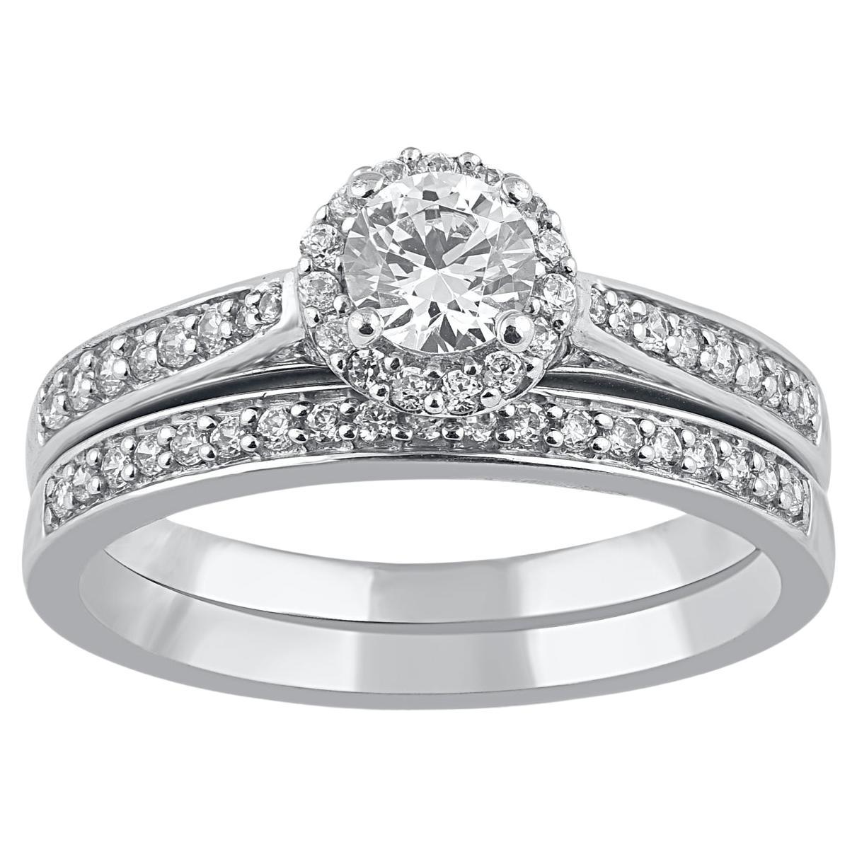 TJD 0.75 Carat Natural Round Diamond 14 Karat White Gold Bridal Ring Set For Sale