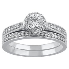 Used TJD 0.75 Carat Natural Round Diamond 14 Karat White Gold Bridal Ring Set